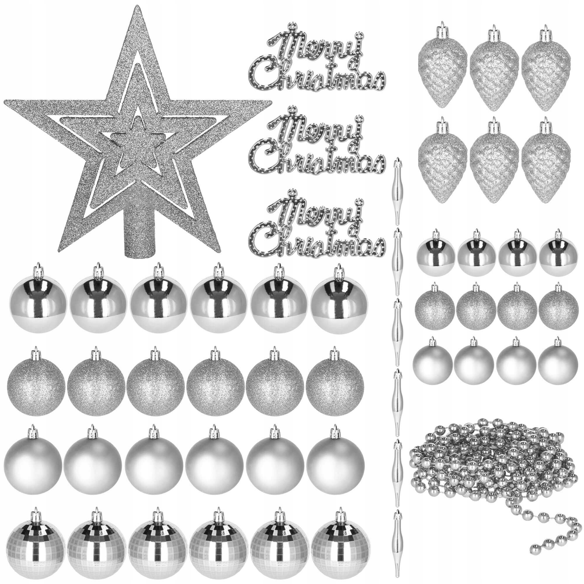 Set globuri si decoratiuni de Craciun, 51 piese, diverse dimensiuni, argintiu [2]