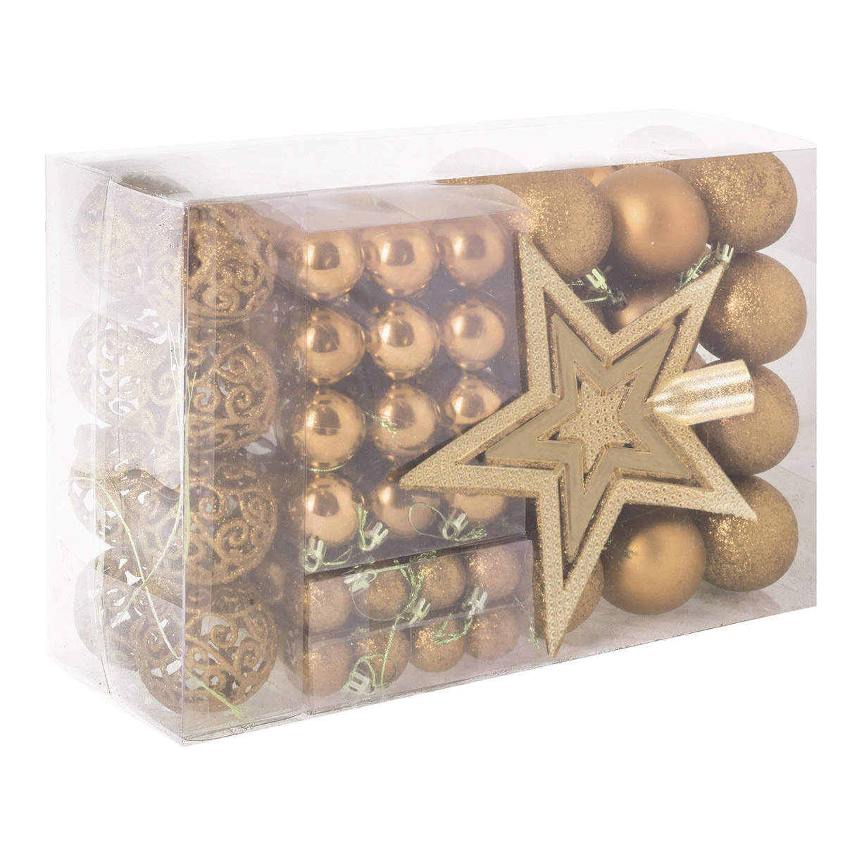 Decoratiuni si articole casa - Set globuri si decoratiuni de Craciun, 100 piese, diverse dimensiuni cu stea, auriu