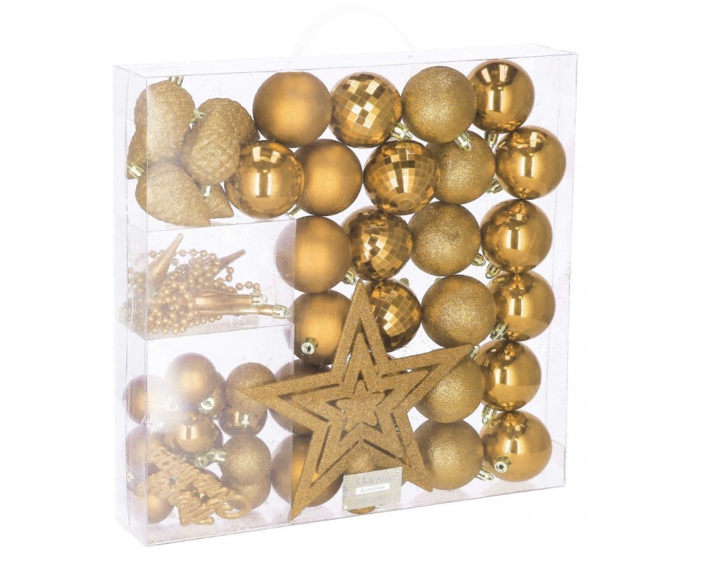Decoratiuni si articole casa - Set globuri si decoratiuni de Craciun, 51 piese, diverse dimensiuni, auriu