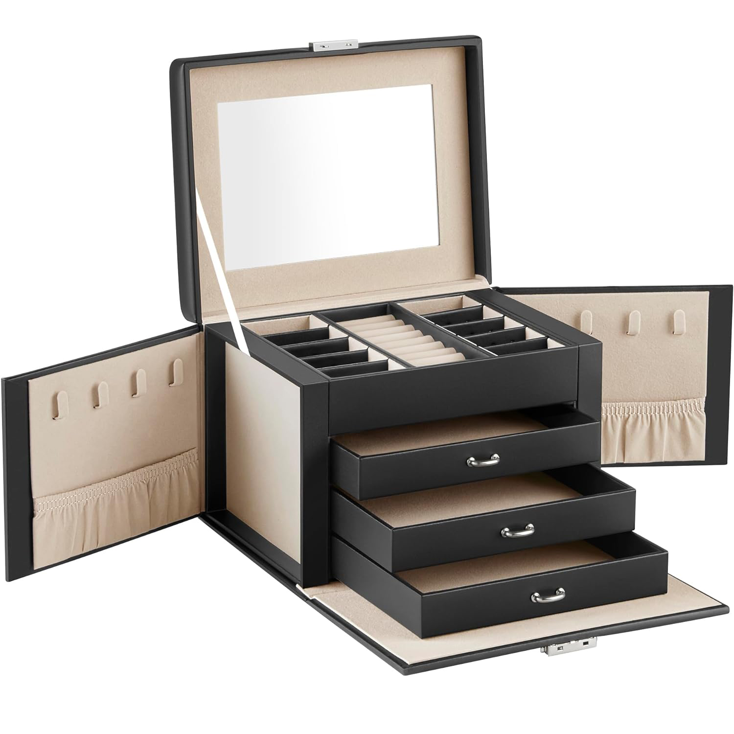 Decoratiuni si articole casa - SONGMICS Cutie de bijuterii cu 4 nivele, 3 sertare, oglinda si incuietoare, 18x23x17cm, negru