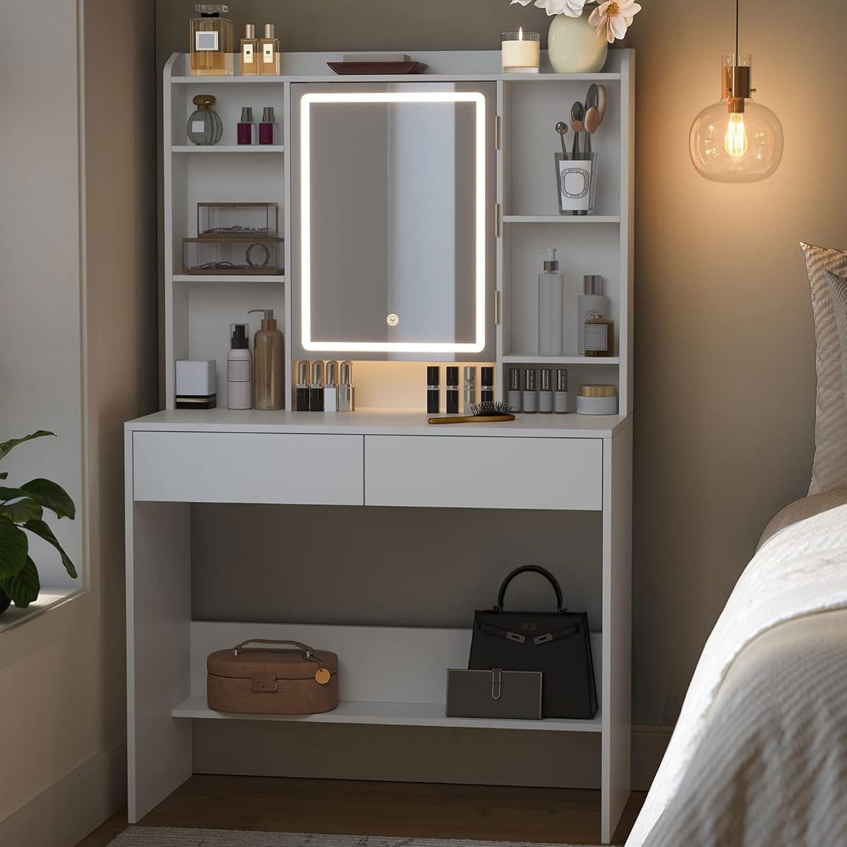 Mobila - VASAGLE Masa de toaleta cu oglinda, iluminare LED reglabila, 2 sertare, 90x40x145cm, alb