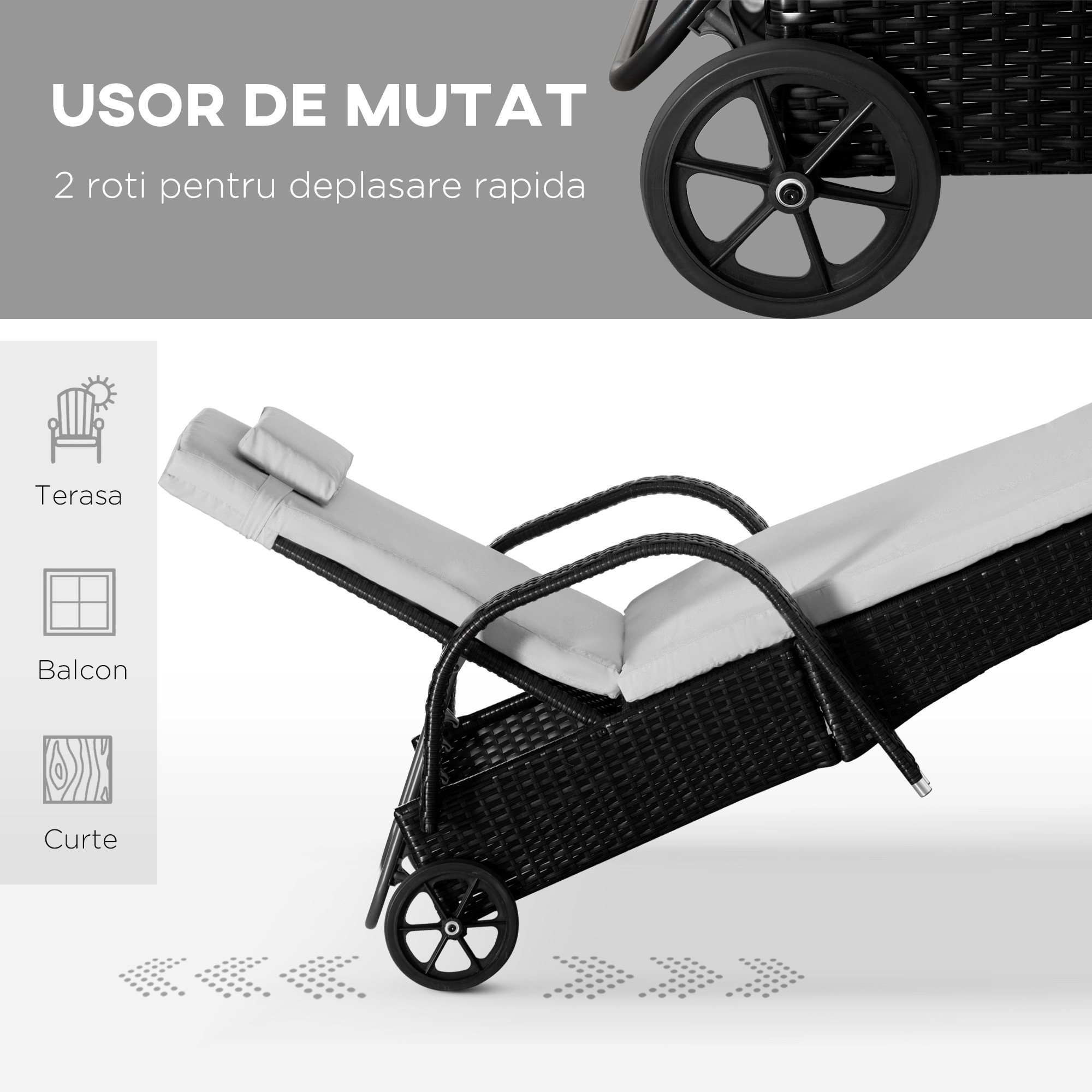  Set 2 Sezlonguri in Rattan cu Saltea Captusita si Masuta, Negru [5]