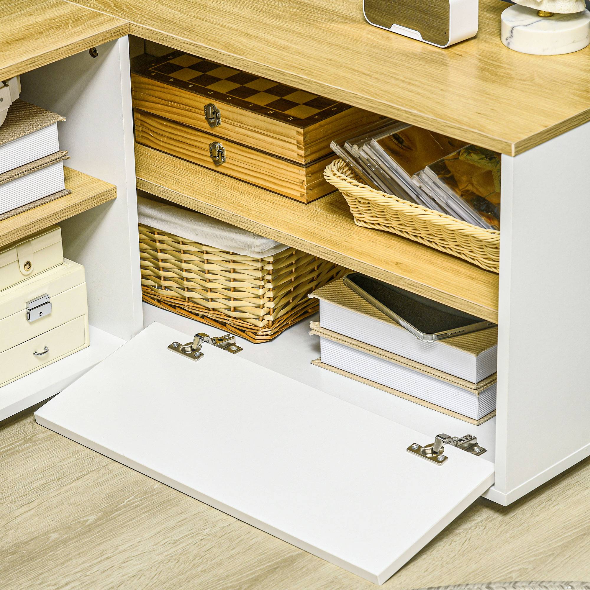  Dulap TV in Forma L - 90×90×45 cm cu Rafturi si Dulapuri [7]