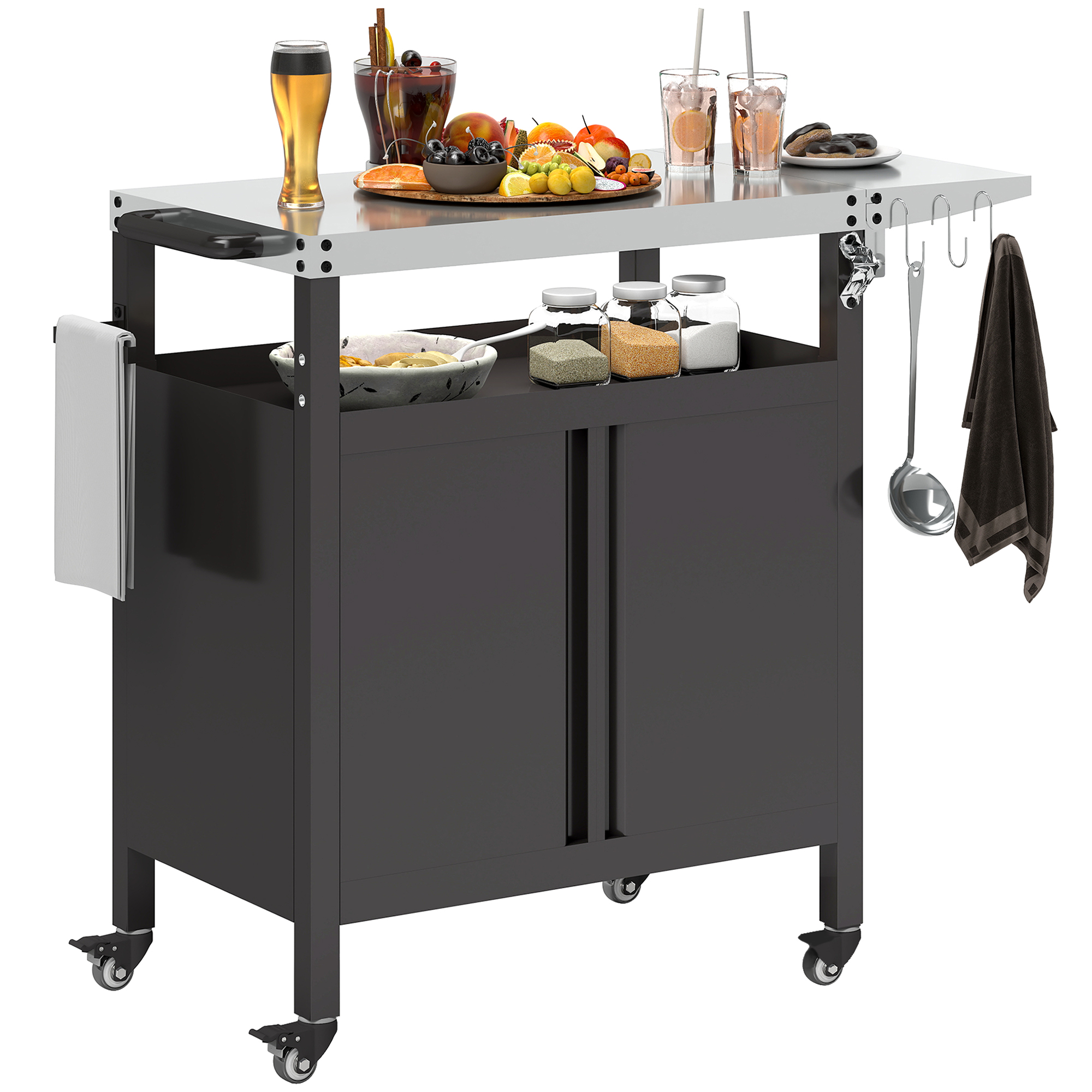 Gradina & balcon -  Carucior pentru Barbecue cu Dulap, Raft Deschis si Masa Laterala, din Otel Inoxidabil, 116x50x93 cm, Negru