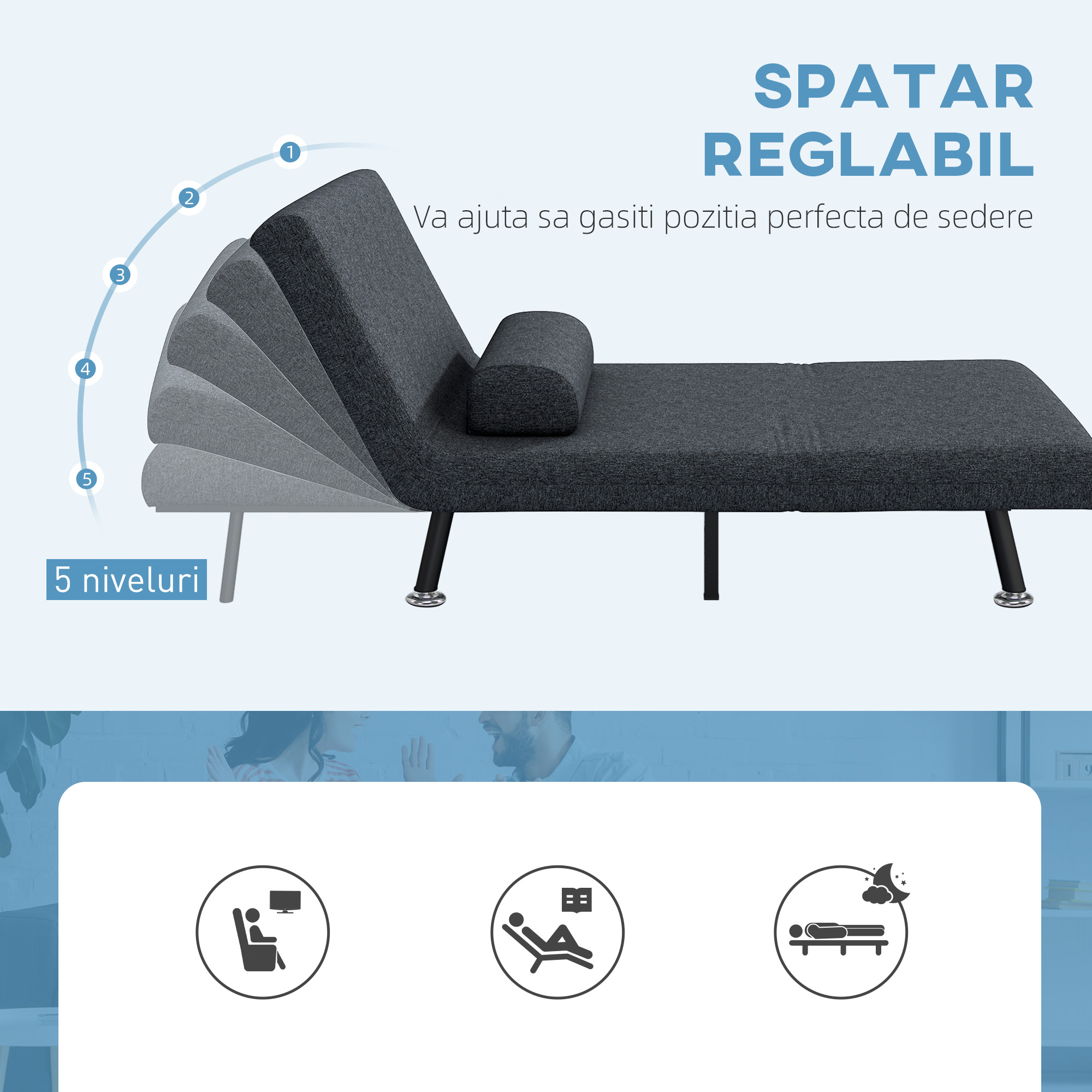  Fotoliu Pat 3 in 1 cu Spatar Reglabil pe 5 Nivele si Perna, Canapea Pat Pliabila, 75x70x75 cm, Gri inchis [3]