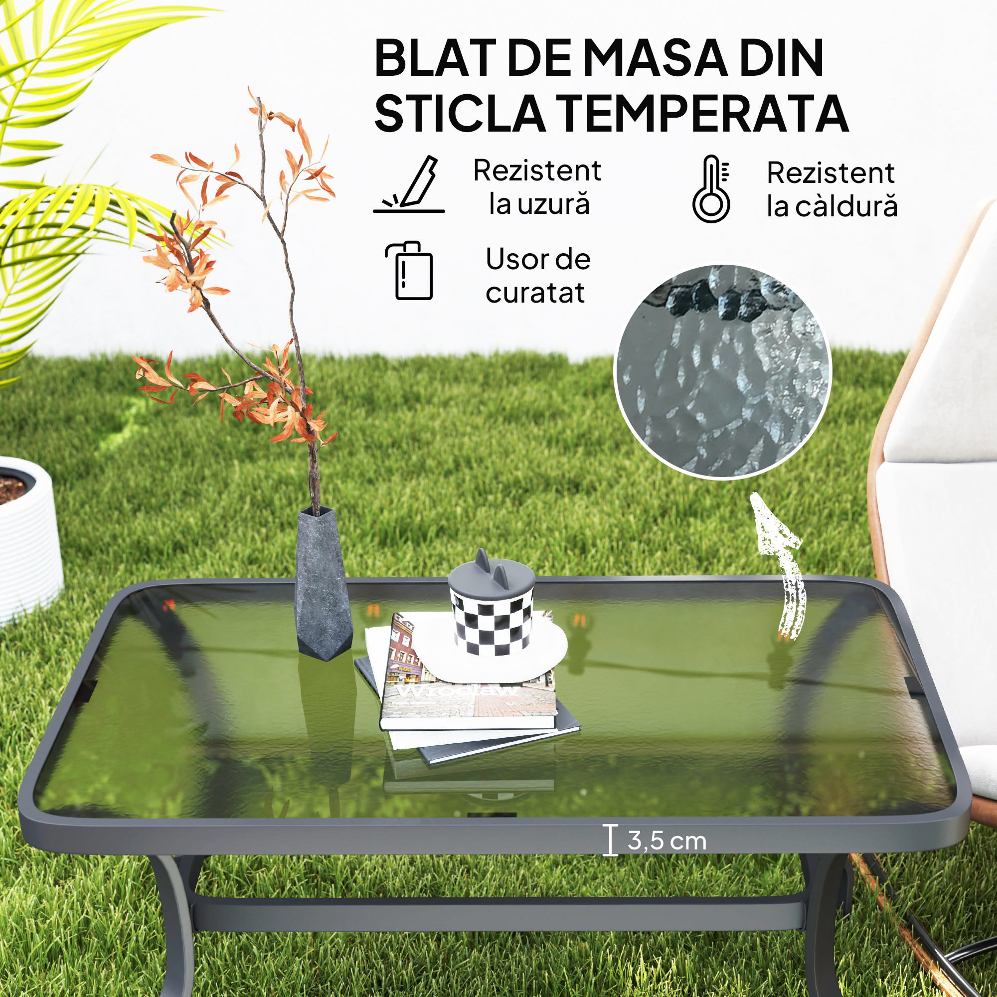  Masuta de Cafea pentru Exterior cu Blat din Sticla Securizata, 95x55x46 cm, Negru [3]