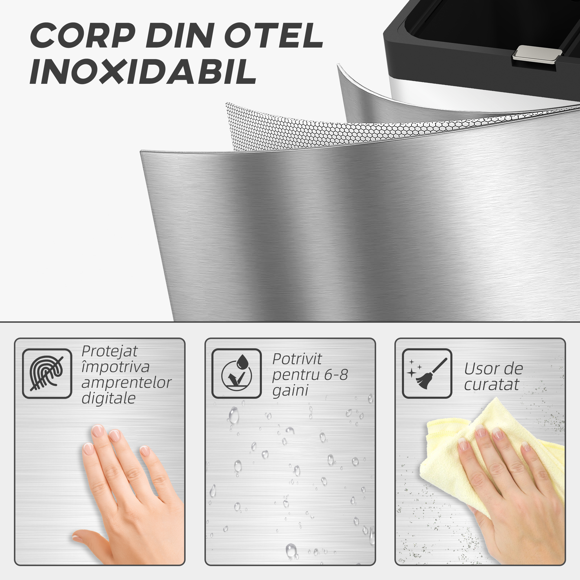  Cos de Gunoi cu 3 Compartimente de 56L, Pedala si inchidere Silentioasa, 45,7x35,8x76 cm, Argintiu [7]