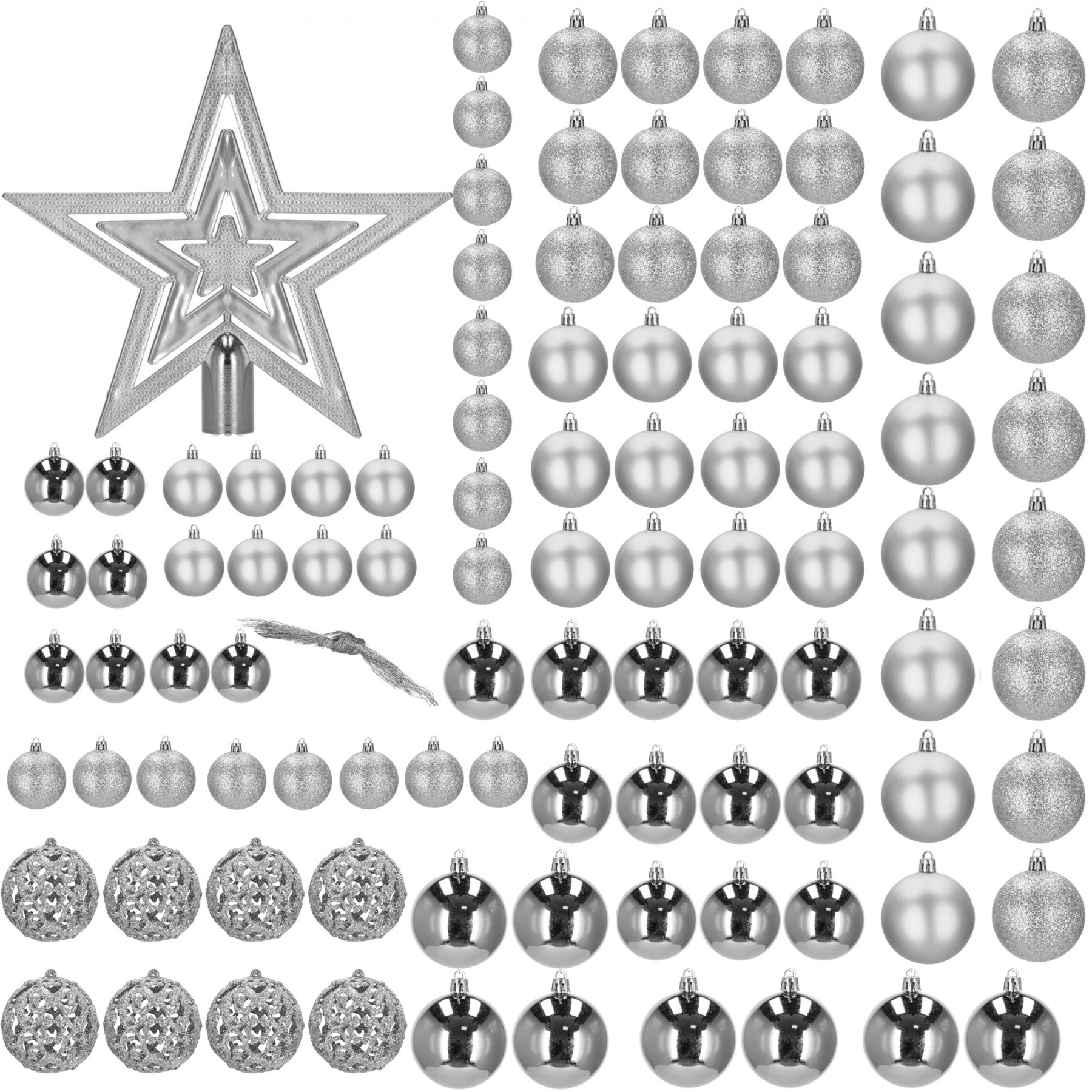 Set globuri si decoratiuni de Craciun, 100 piese, diverse dimensiuni cu stea, argintiu [10]