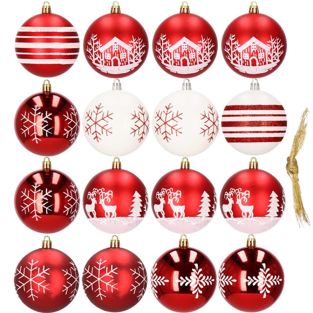 Set globuri de Craciun, 16 bucati, 8cm, 8 modele, rosu alb [11]