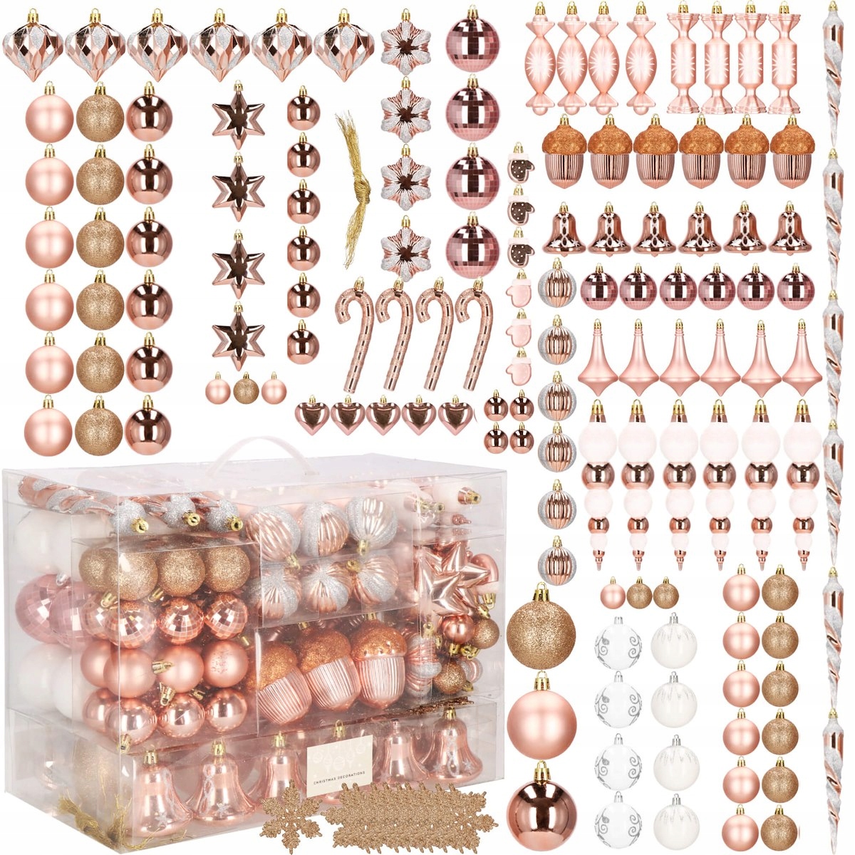 Set globuri si decoratiuni de Craciun, 152 piese, diverse dimensiuni, roz auriu [14]