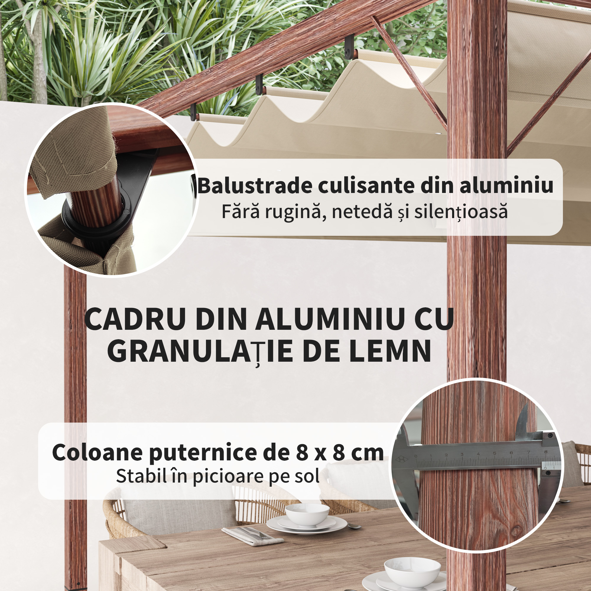  Pergola de Gradina cu Acoperis Retractabil si Cadru din Aluminiu cu Aspect de Lemn, 382x300x232 cm, Lemn Natural [4]