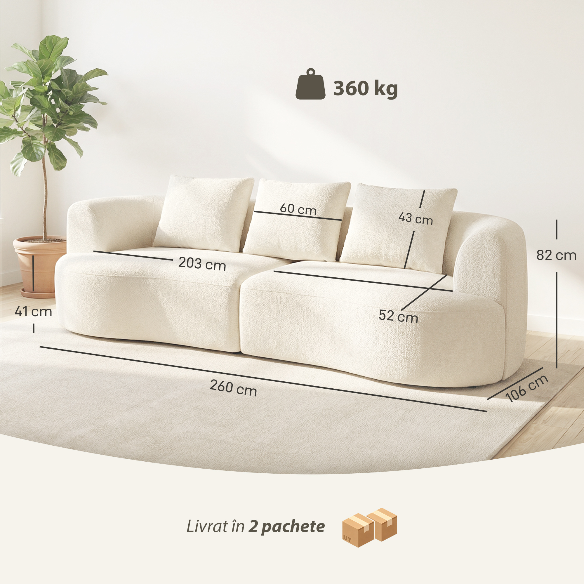  Canapea 3 Locuri Modulara 260cm Fara Structura cu sezut Generos, Perna Groasa, 3 Perne, din Catifea, Crem [2]