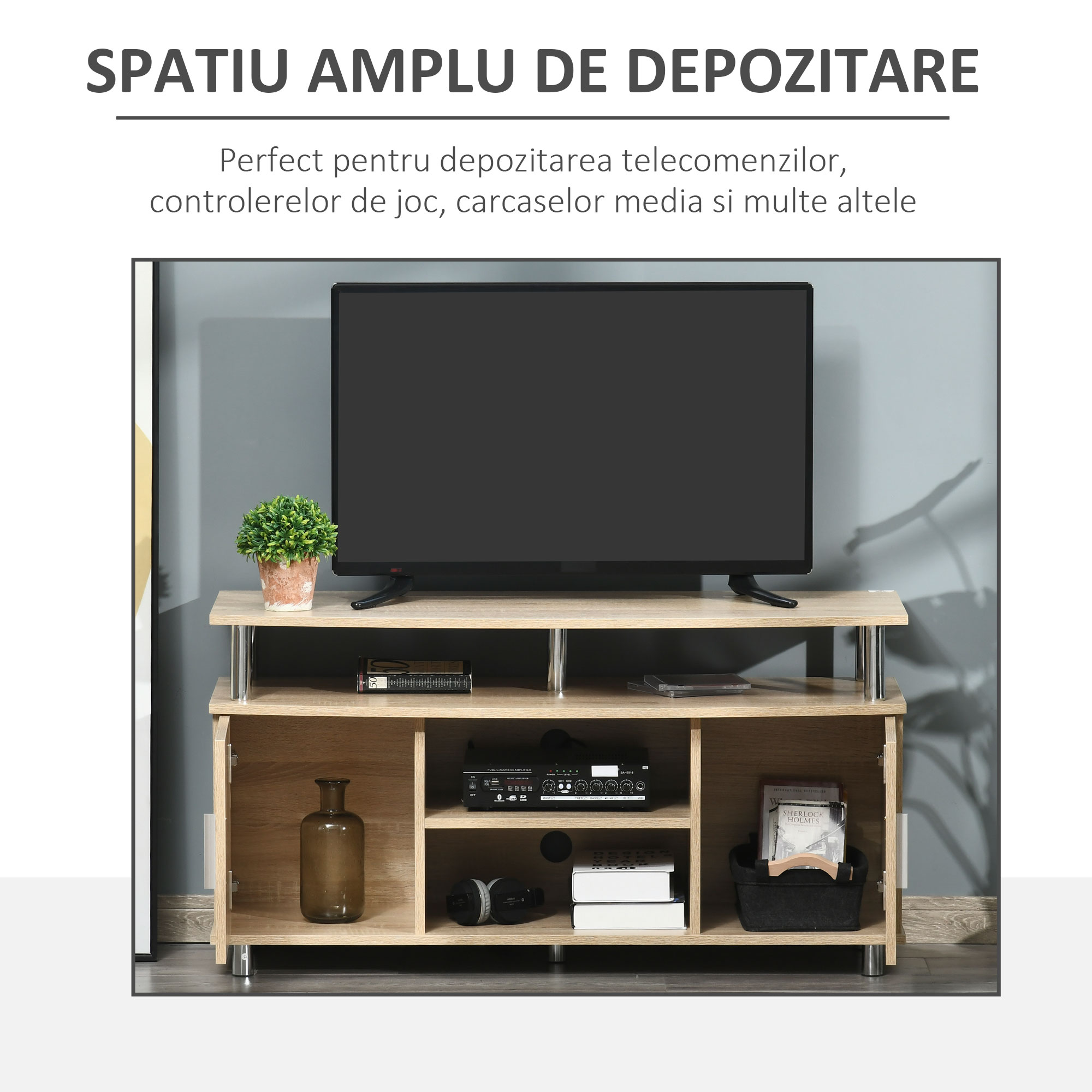  Mobilier TV Modern cu 2 Rafturi, Gauri cablu si 2 Dulapioare in PAL 105x40x55cm Stejar [3]