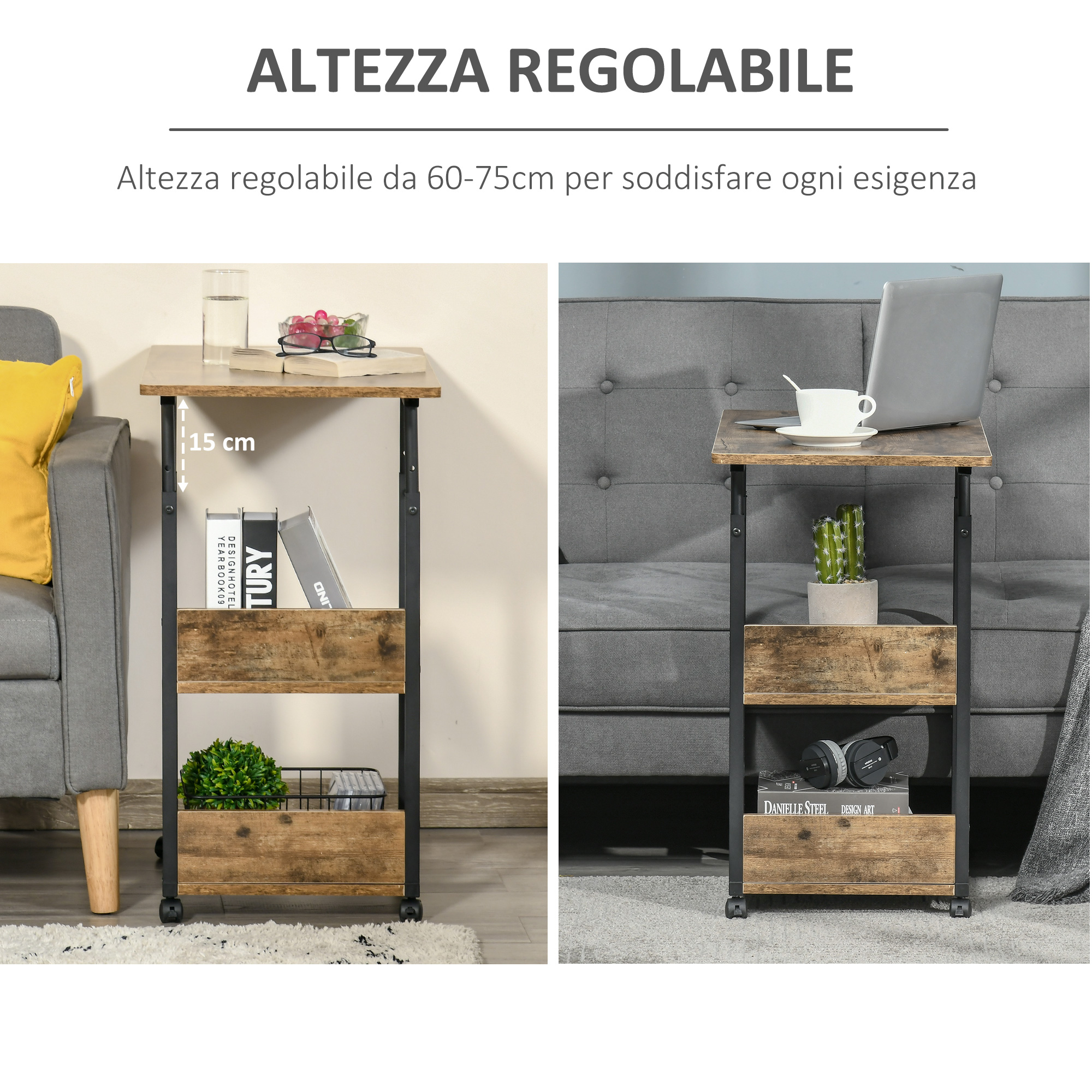  Masuta de Sufragerie, Noptiera cu Design Reglabil in Inaltime, Maro stil Rustic [4]