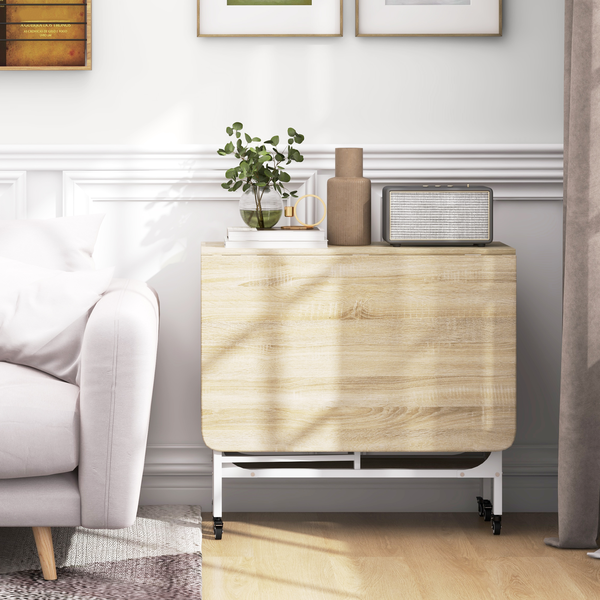  Masa de Dining Pliabila pentru 6 Persoane, cu Raft, din Lemn si Metal, 130x80x74 cm, Alb si Culoare Lemn [7]