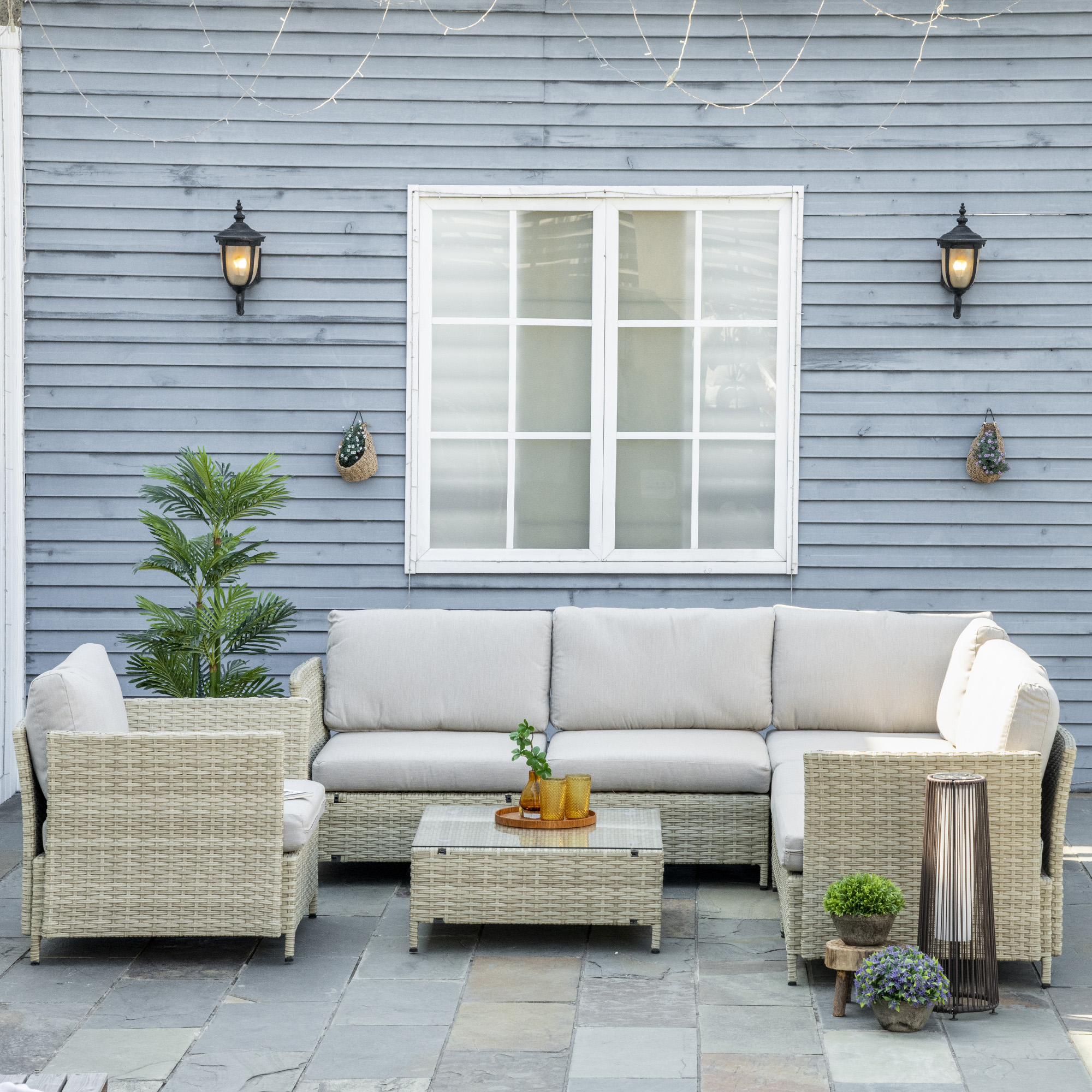  Mobilier pentru gradina 7 bucati, modular cu masuta, fotoliu, fotoliu de colt si 2 canapele din ratan PE cu perne, bej [1]