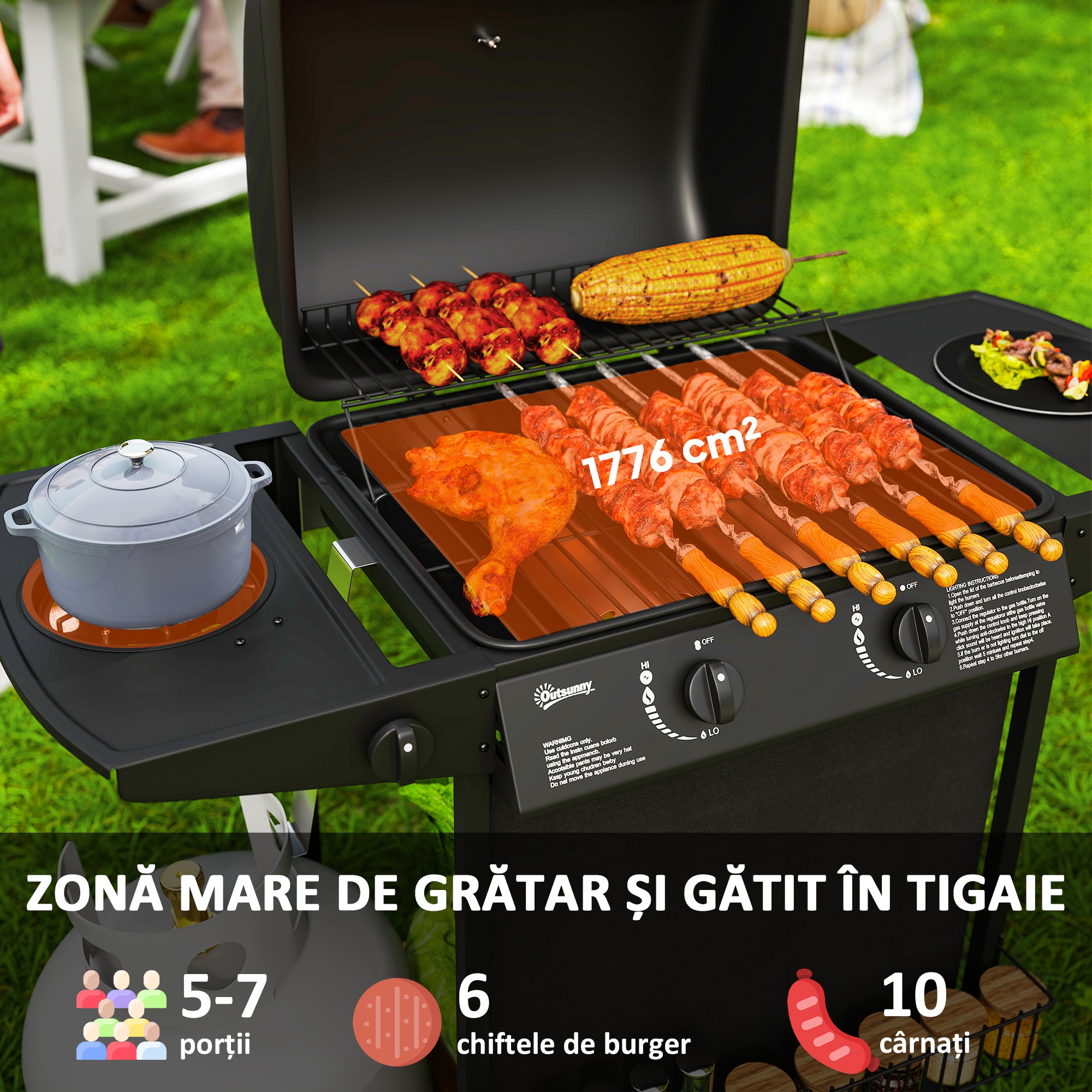  Gratar pe Gaz cu Capac, Termometru, Masuta Laterala si Tava pentru Colectarea Grasimii, 107x54x96 cm, Negru [3]