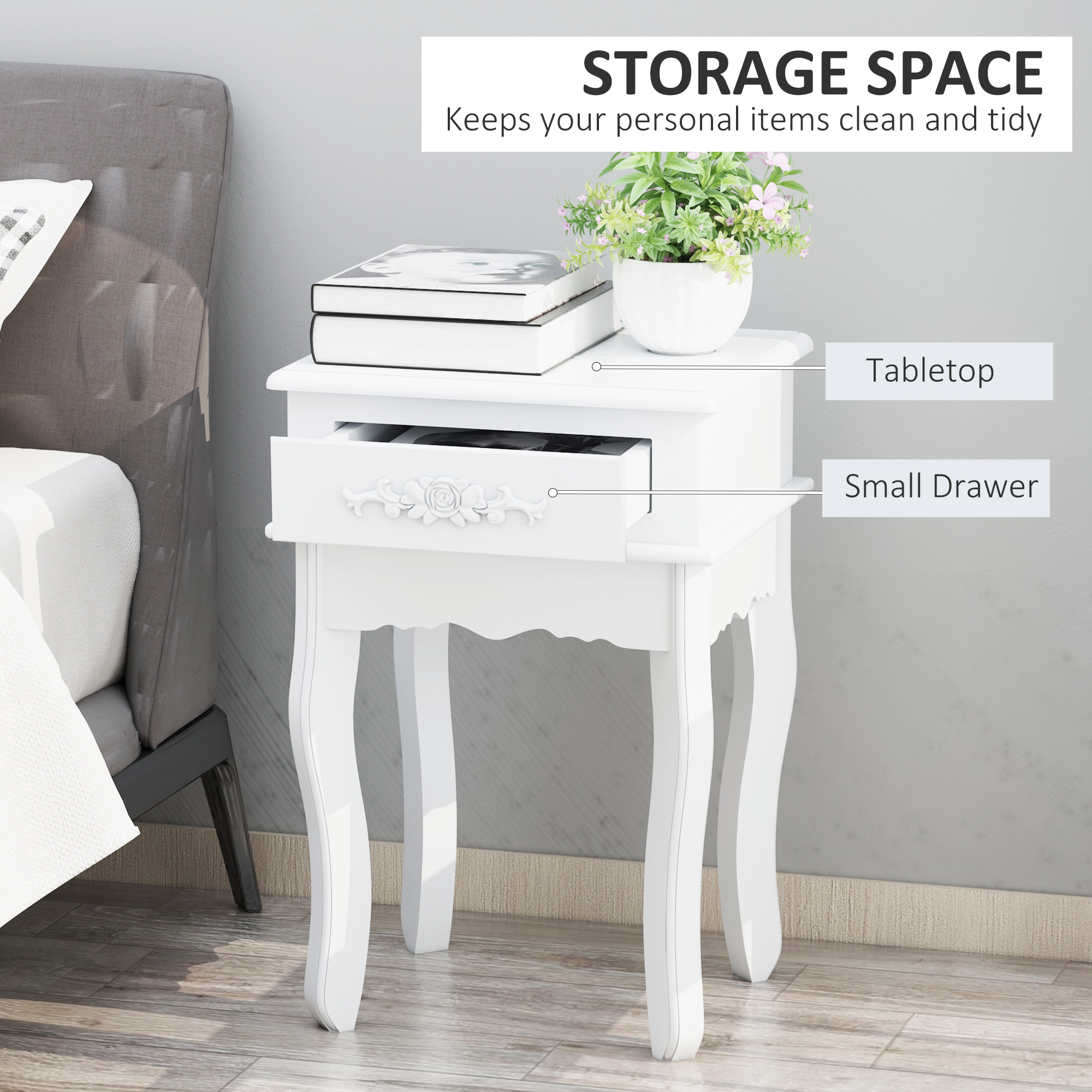  Noptiera cu Sertar in Lemn Alb, 40 x 30 x 60cm [4]