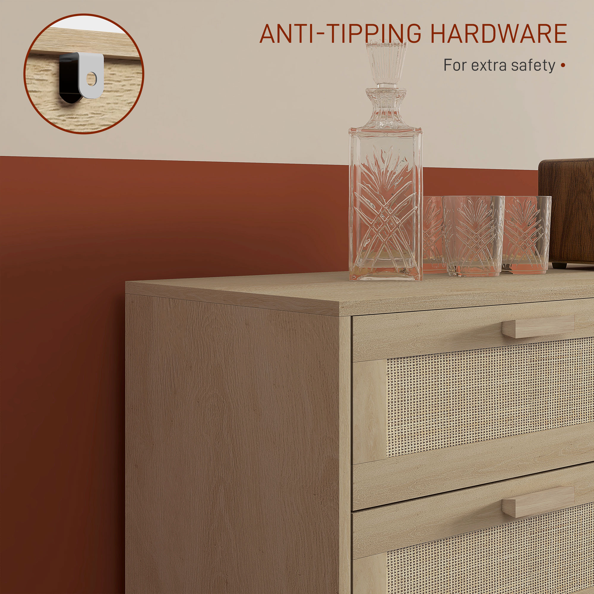  Comoda cu 6 Sertare din Lemn si Ratan Stil Boho pentru Living si Dormitor, 110x40x75 cm [6]