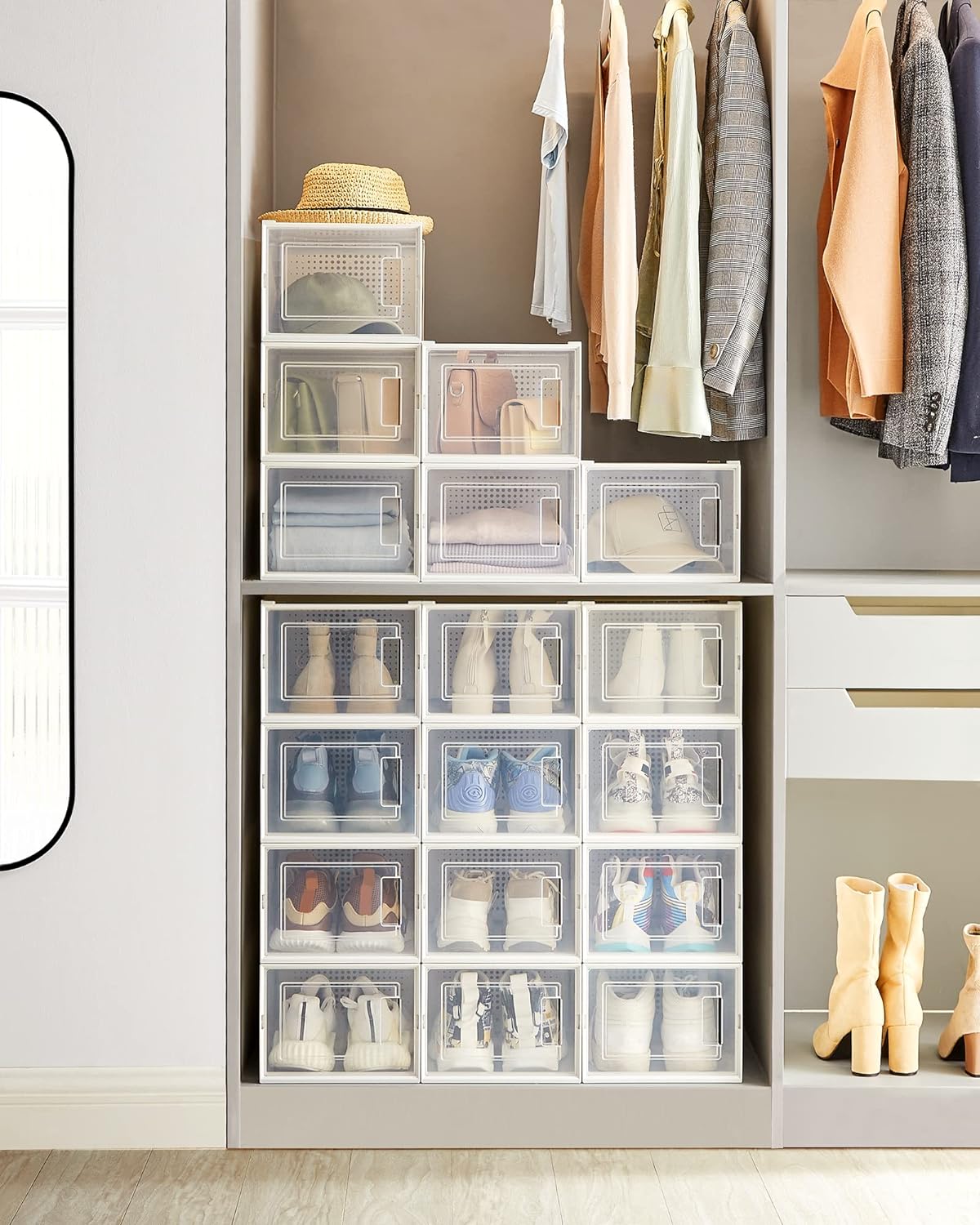 SONGMICS Cutii de pantofi, set de 18 organizatoare stivuibile, structura rezistenta ABS, 35x25x19cm, transparent [2]