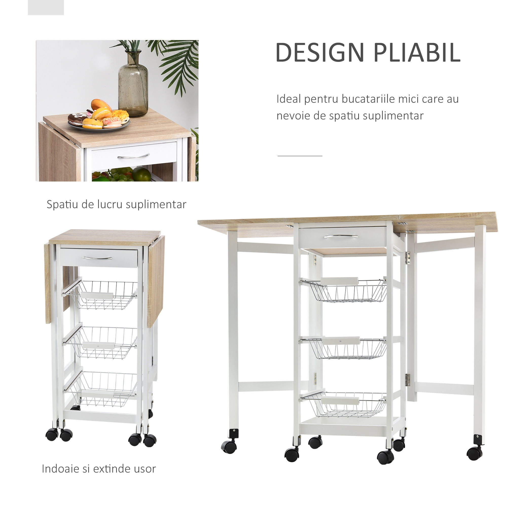  Carucior de Bucatarie Extensibil cu 3 sertare, MDF/Metal, 37x37x77.5 cm, Alb [3]