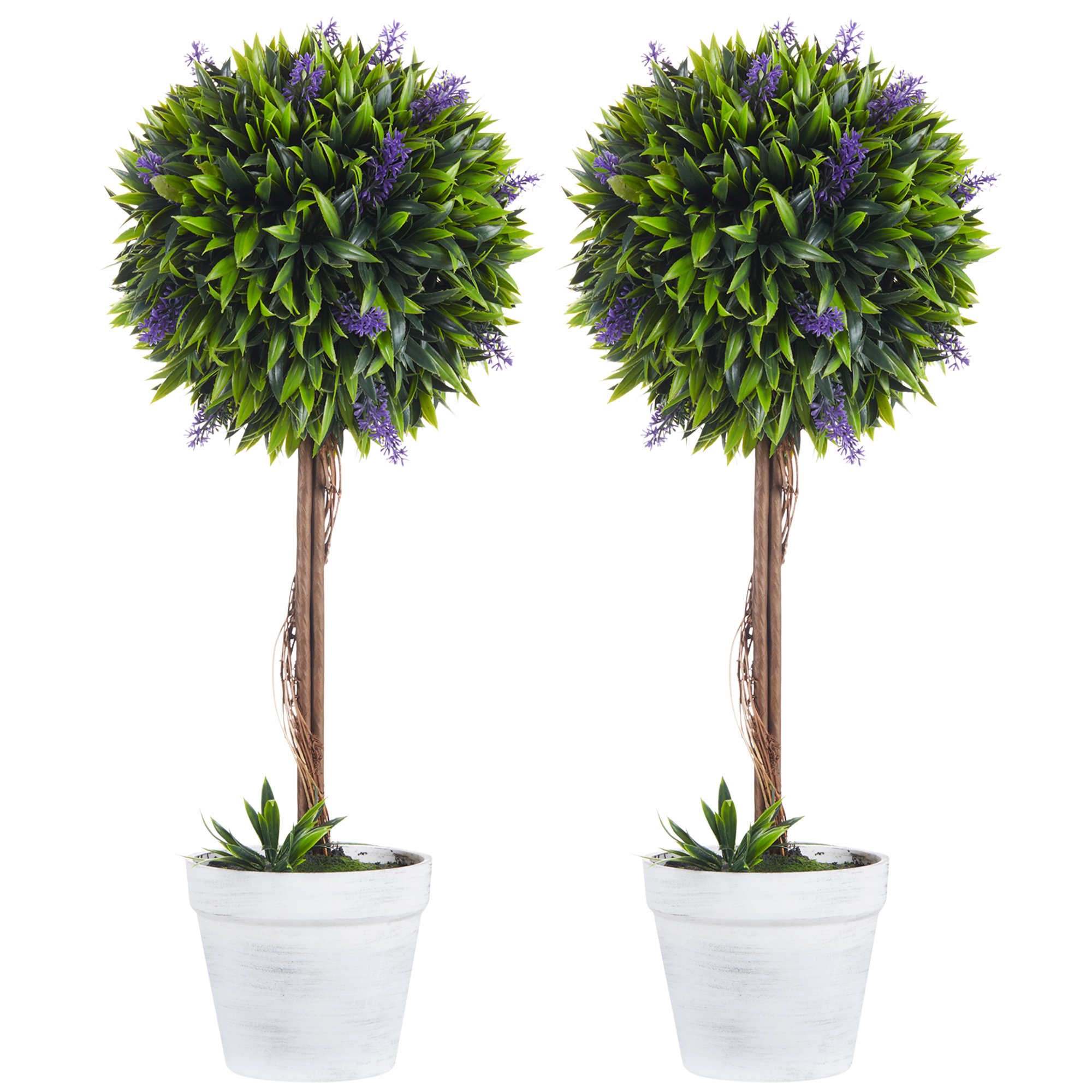 Living & hol -  Set 2 Plante Artificiale Sferice cu Flori de Lavanda şi Vas, Ø24x60 cm, Verde