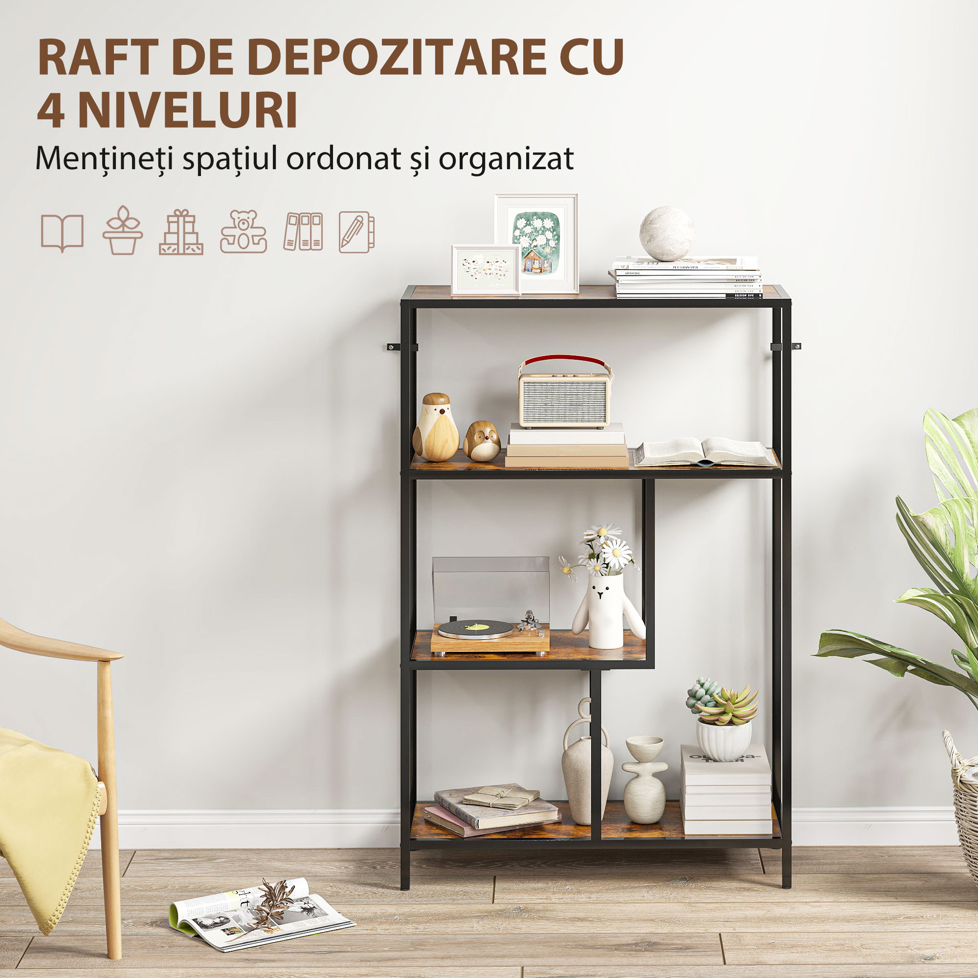  Biblioteca cu 4 Rafturi Stil Industrial din Lemn si Metal, 77x30x116 cm, Maro Rustic [3]