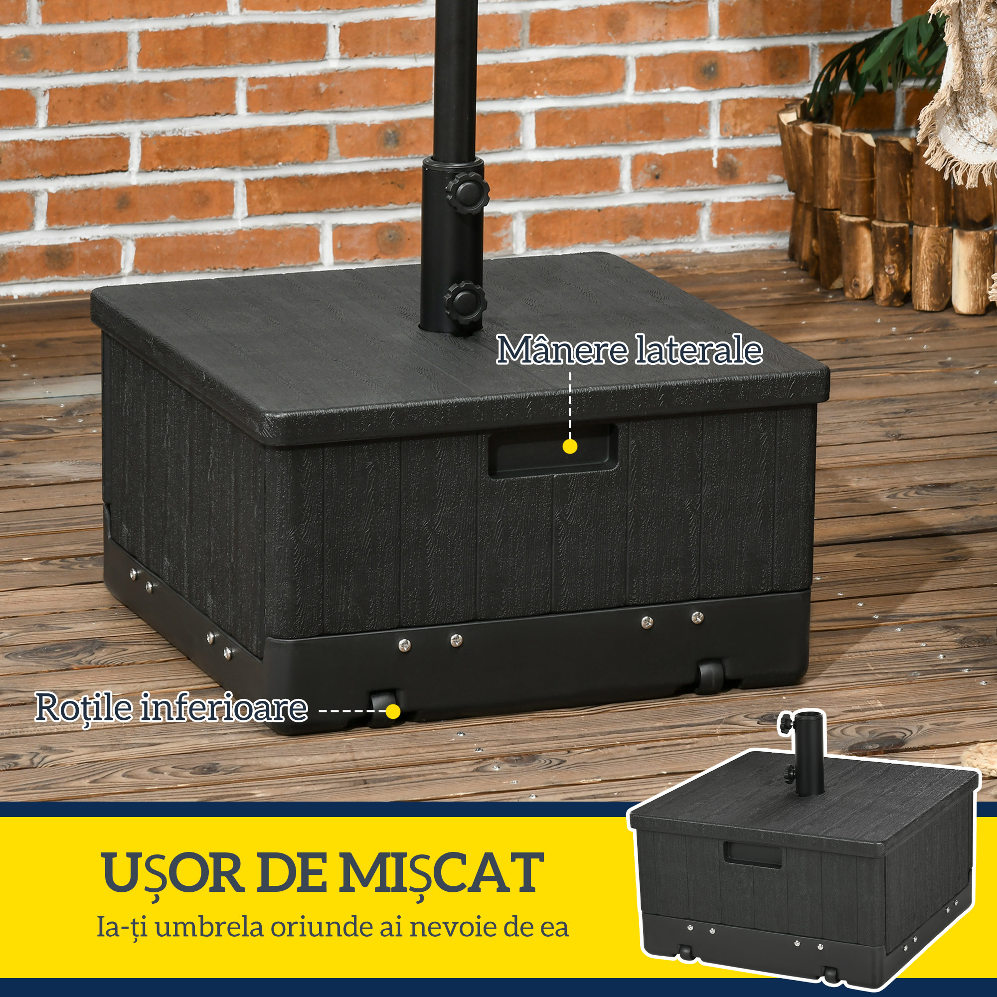  Baza pentru Umbrela 3-in-1 Exterior, Masuta de Cafea, Jardiniera cu Orificiu de Scurgere, Capacitate 80 kg, Suport Umplut cu Roti si Manere pentru Terasa si Piscina, Negru [6]