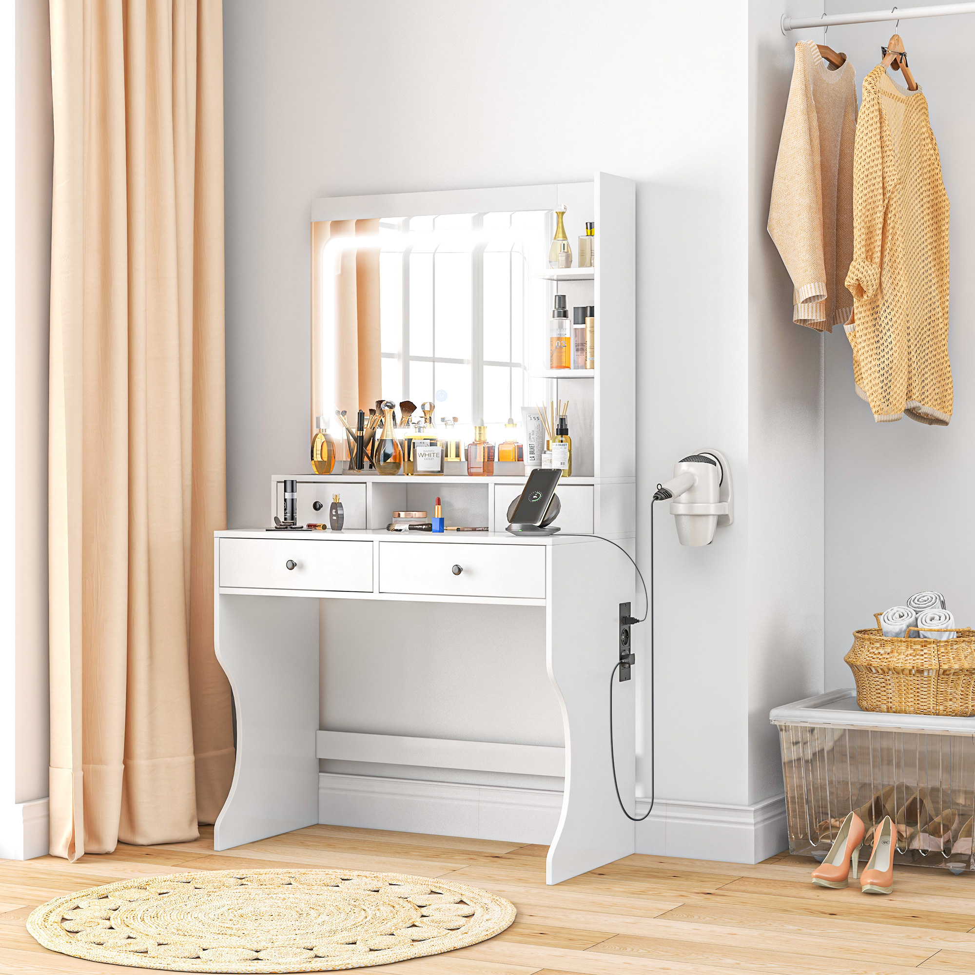  Masa de Toaleta cu Oglinda Iluminata LED, Masa de Machiaj cu Statie de incarcare, 4 sertare si rafturi de depozitare, 90x45x160 cm, Alb [1]