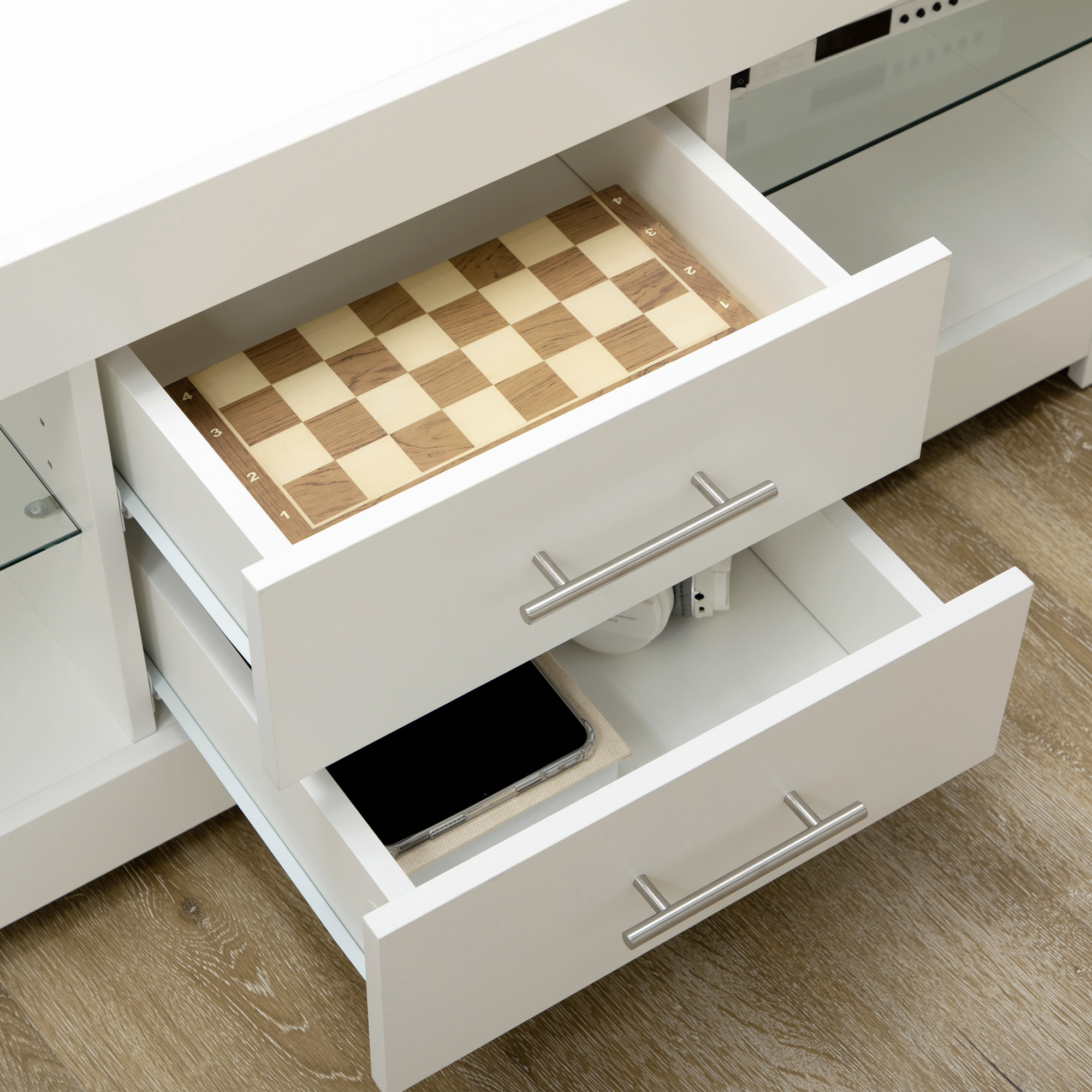 Comoda TV cu LED RGB - 55", Etajere Sticla & Telecomanda, 12 Culori, 10W [7]