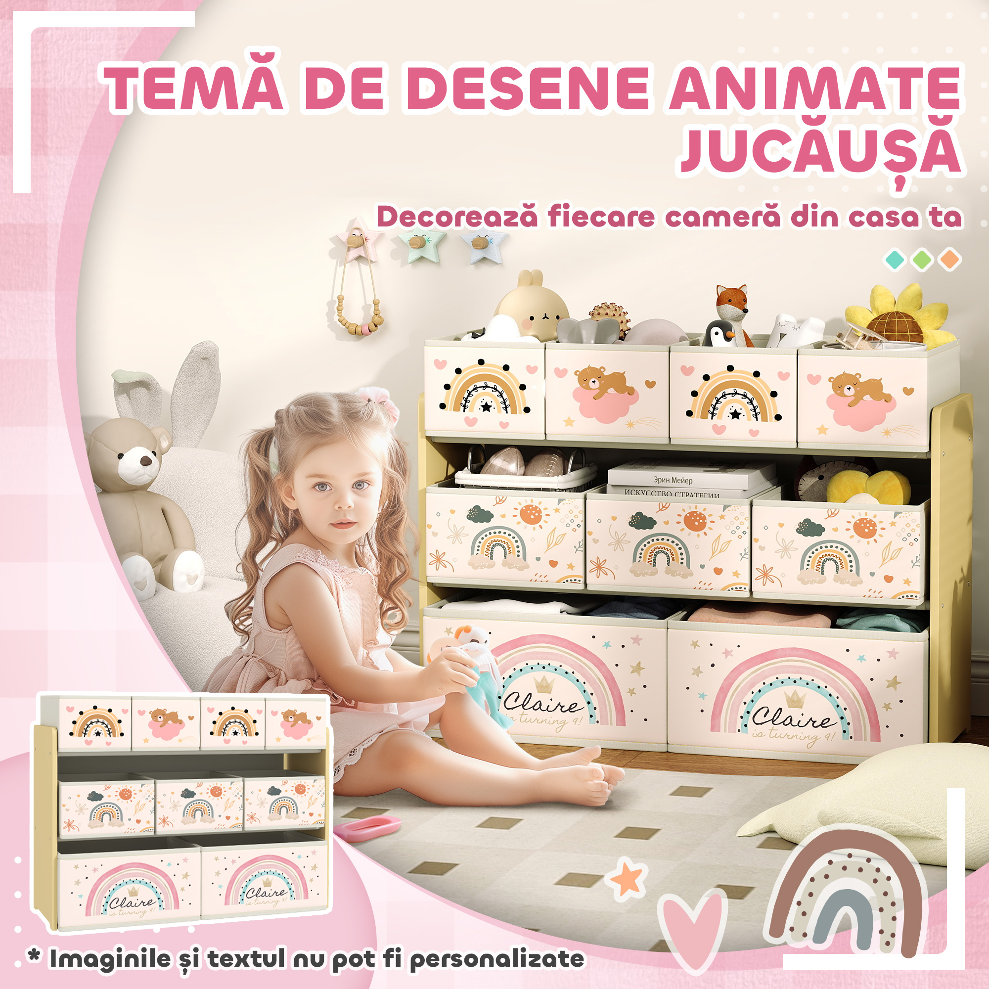  Etajera Depozitare Jucarii cu 3 Niveluri si 9 Cutii de tesatura, Mobilier Depozitare Jucarii, 93x30x70 cm, Galben [5]