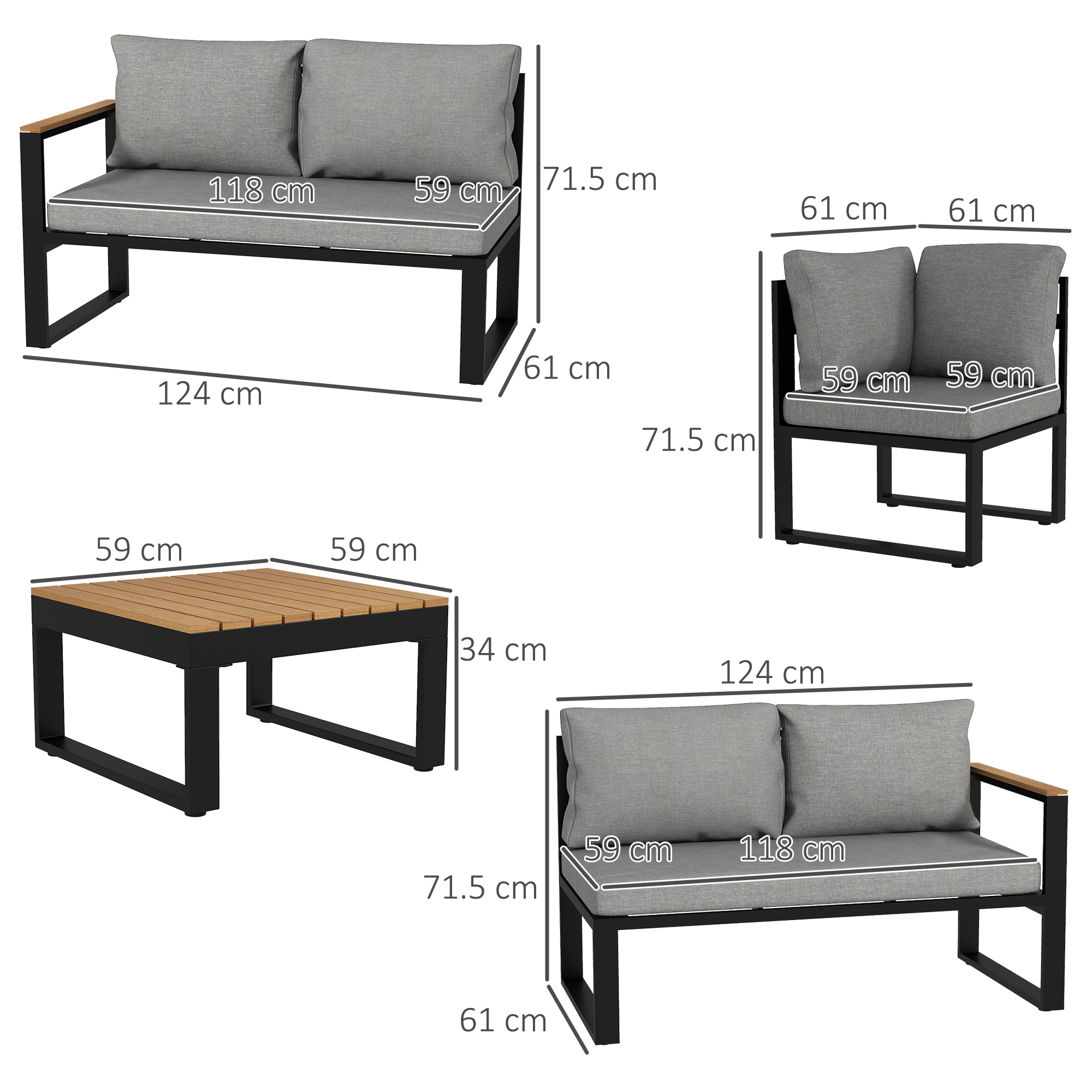 Set de Mobilier pentru Gradina din 4 Piese cu 2 Canapele Duble, Coltar si Masuta de Cafea, 124x61x71,5 cm, Gri [2]