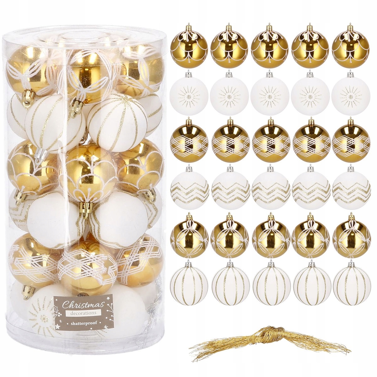 Set globuri de Craciun cu modele de sarbatori, 30 bucati, 7cm, alb auriu [4]