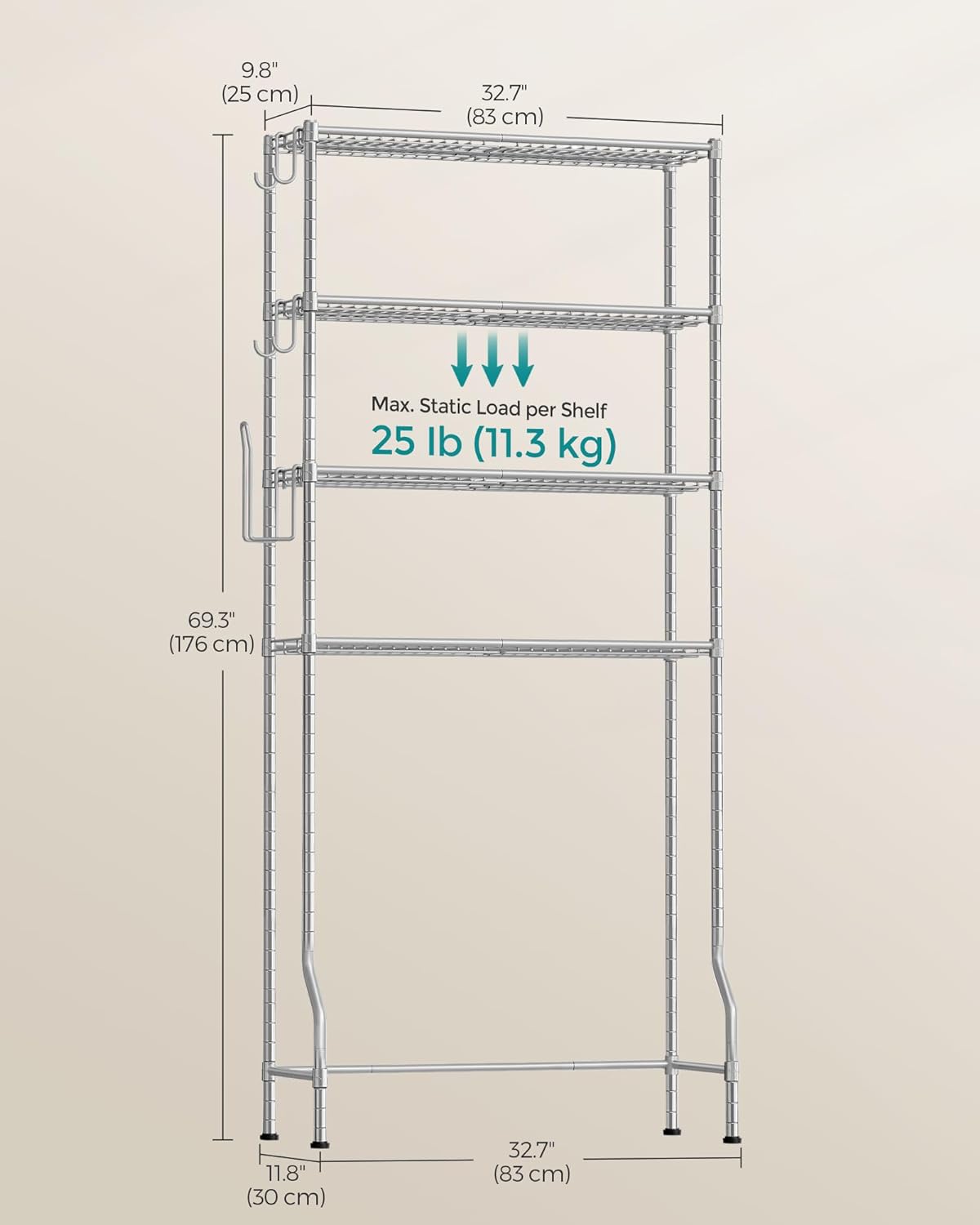 SONGMICS Raft de depozitare pentru baie, suprapunere peste masina spalat sau vas WC, 30x83x176 cm, argintiu [3]