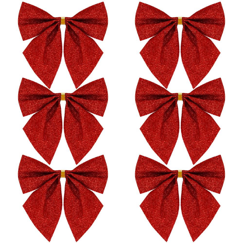 Decoratiuni si figurine - Set 6 ornamente pentru bradul de Craciun, fundita, 8cm, rosu cu sclipici