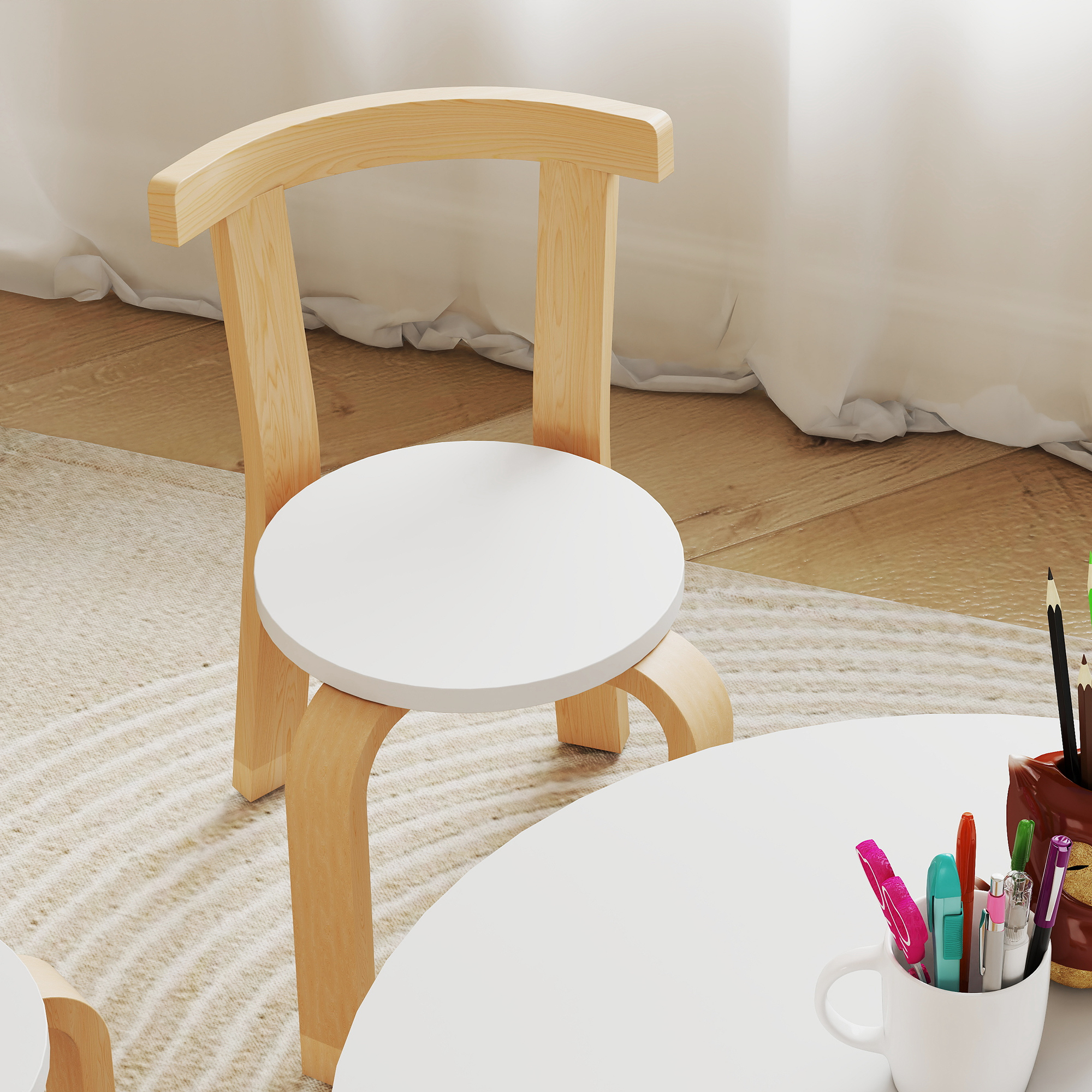  Set Masa si Scaune pentru Copii 3-8 Ani 5 piese cu Margini Rotunjite din Lemn Alb [7]