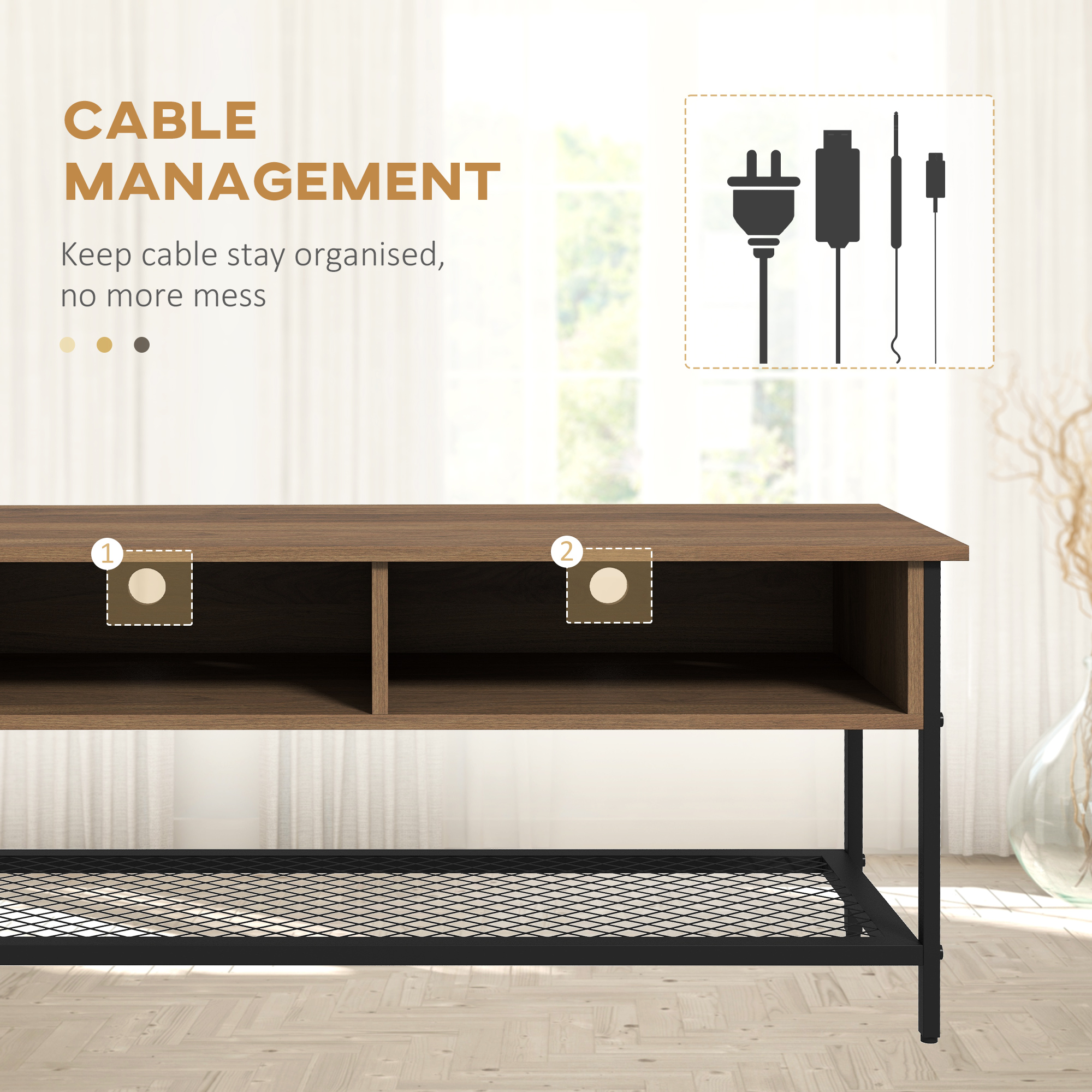  Dulap SuportTV pana la 48" in Stil Industrial, Mobiler Jos cu Rafturi din Lemn si Otel, 110x40x48cm, Maro si Negru [4]