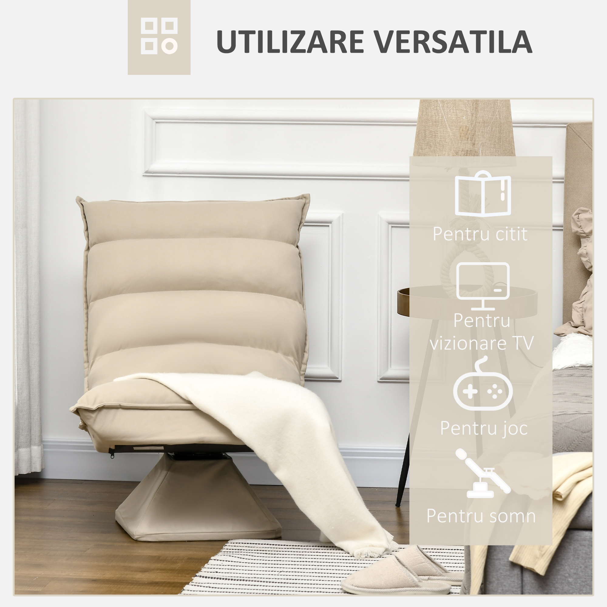  Fotoliu Relax din material capitonat cu pivotare la 360°, fotoliu rabatabil pe 3 nivele 62x62x95cm, bej [6]