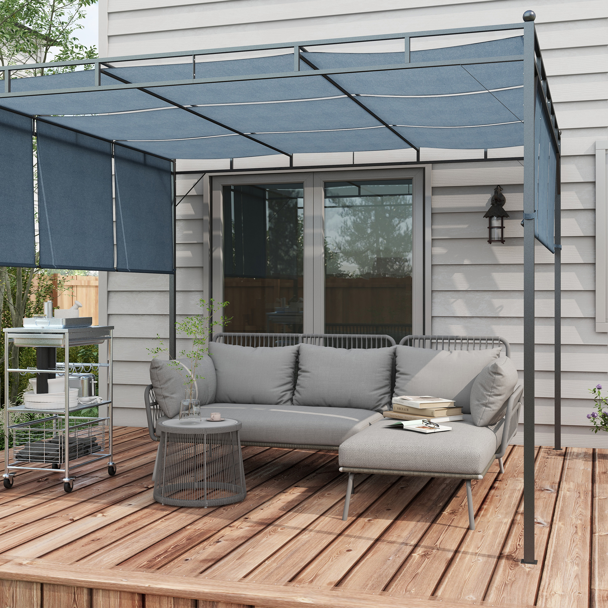  Set Mobilier de Gradina din 3 Piese cu Canapea, Şezlong cu Perne şi Masuţa, 125x77x82 cm, Gri Deschis [1]