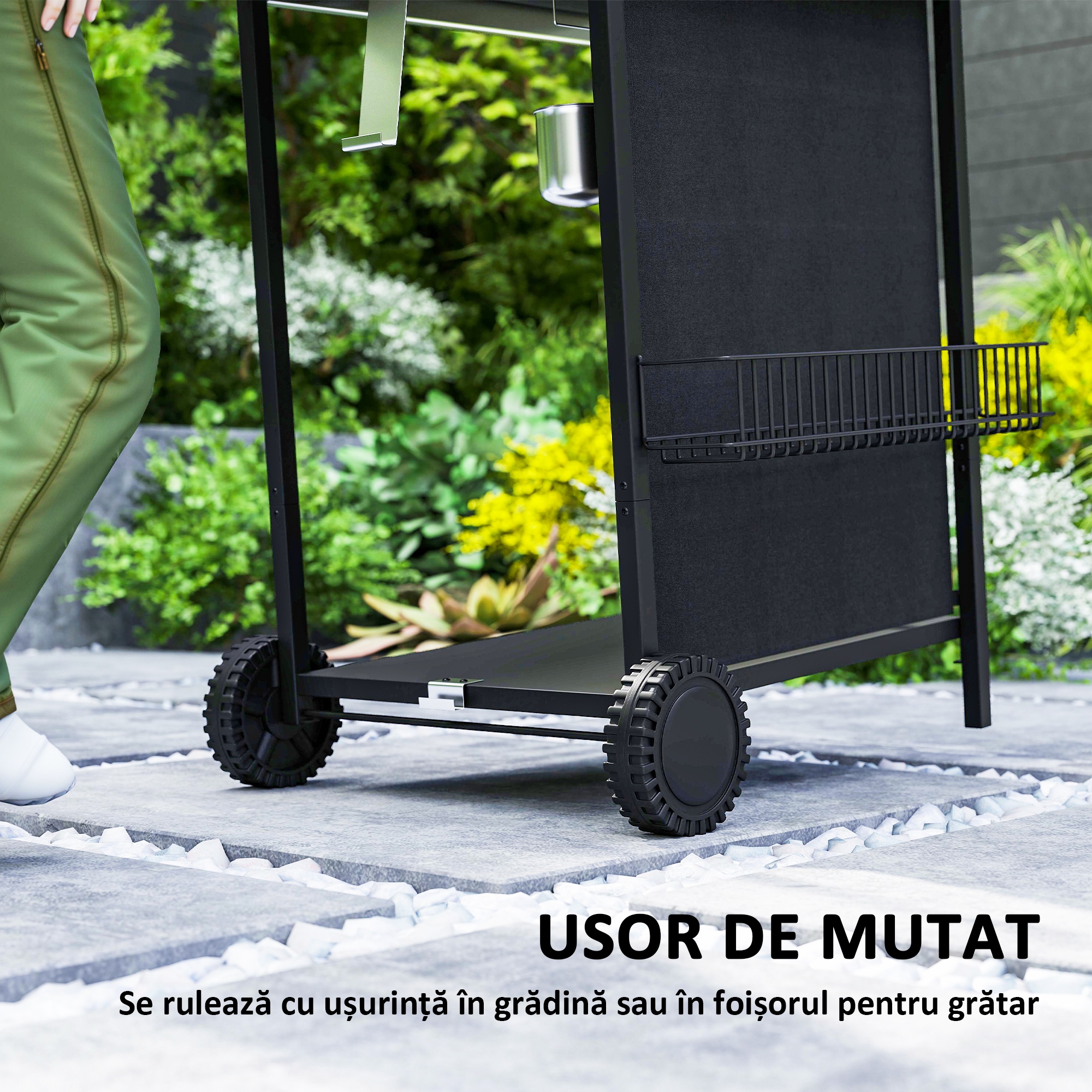  Gratar pe Gaz cu Capac, Termometru, Masuta Laterala si Tava pentru Colectarea Grasimii, 107x54x96 cm, Negru [7]