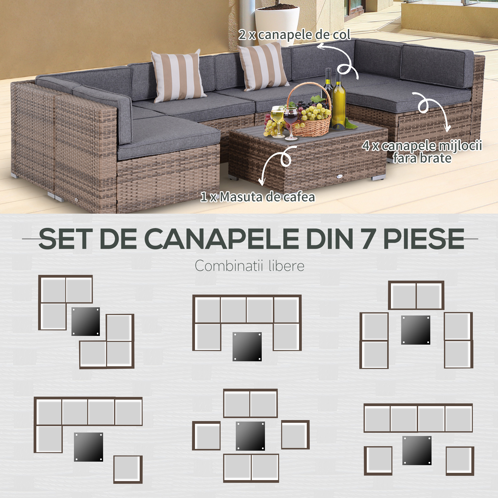  Salon de Gradina din Rattan din 7 Piese cu Masuta si Canapea Modulara cu Perne, Gri [5]