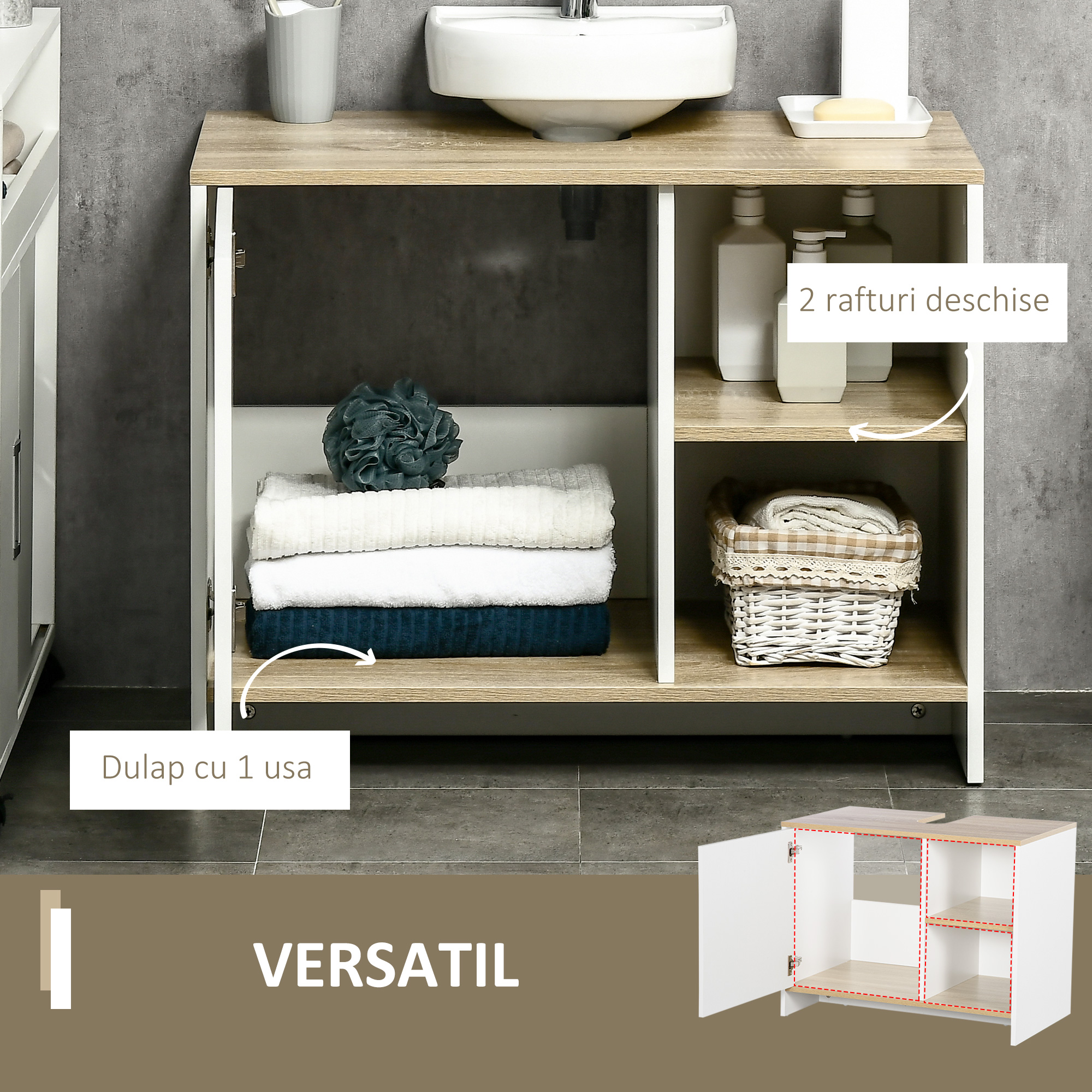  Dulap pentru lavoar pentru baie, 77x45x60cm, alb si culoarea lemnului [4]