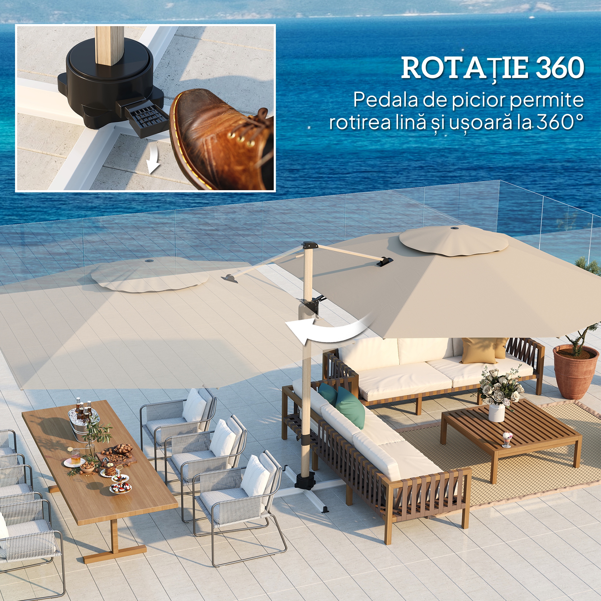  Umbrela Suspendata inclinabila cu Manivela si Baza in Cruce, UPF50+, Kaki [6]