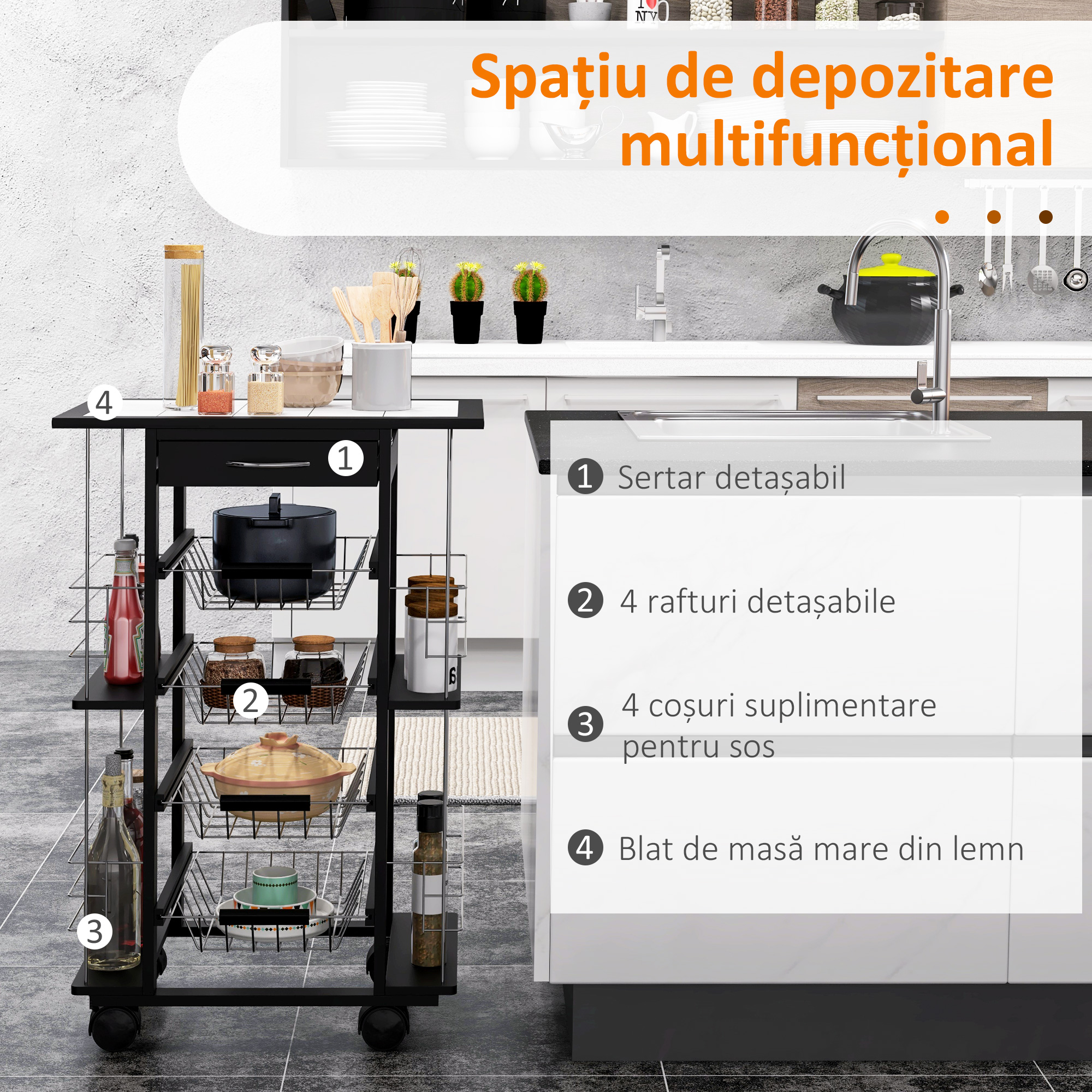  Carucior de Bucatarie cu Sertar, 4 Cosuri de Fructe Detasabile si Blat de Ceramica, 57x37x83 cm, Negru [3]