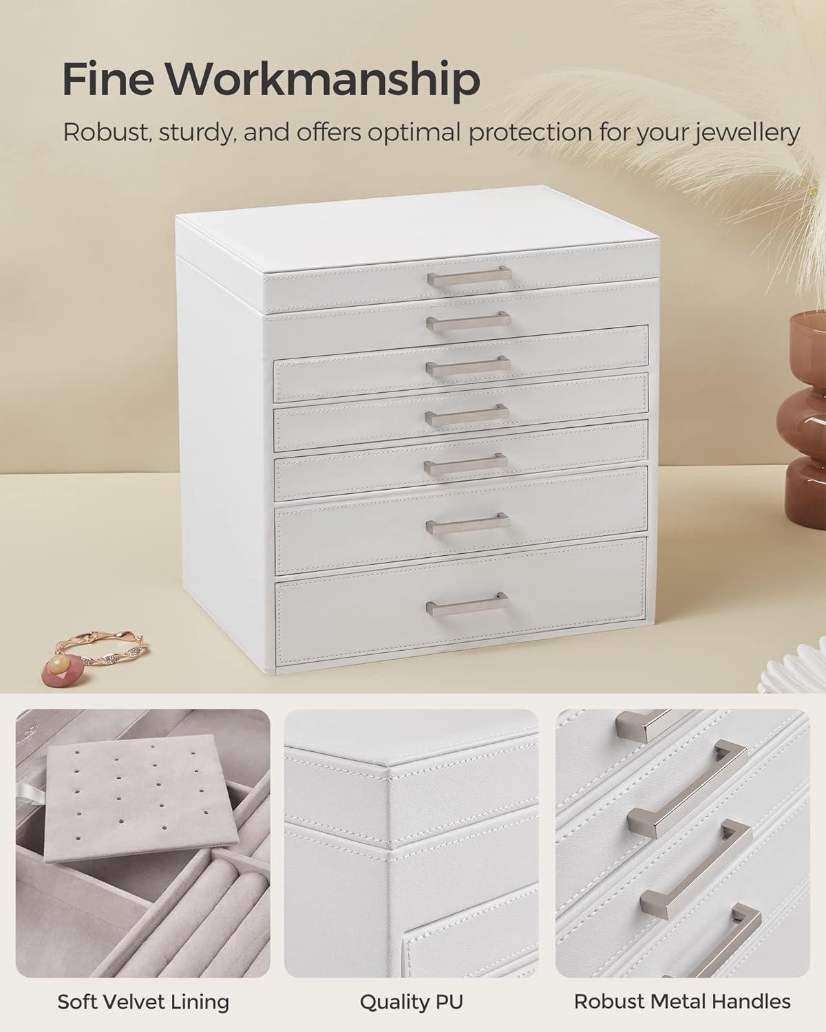 SONGMICS Cutie de bijuterii din MDF cu 6 nivele, 5 sertare, cu oglinda 31x32x22cm, alb [4]