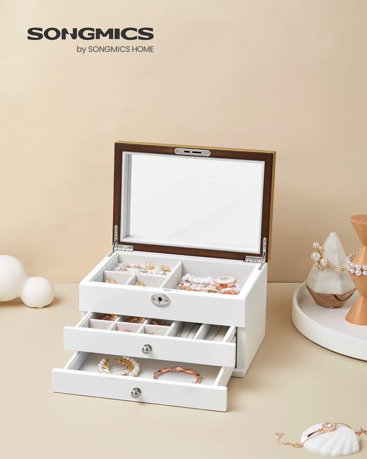 SONGMICS Cutie de bijuterii cu 3 nivele, 2 sertare, capac cu oglinda, 17x25x15cm, alb si maro [4]
