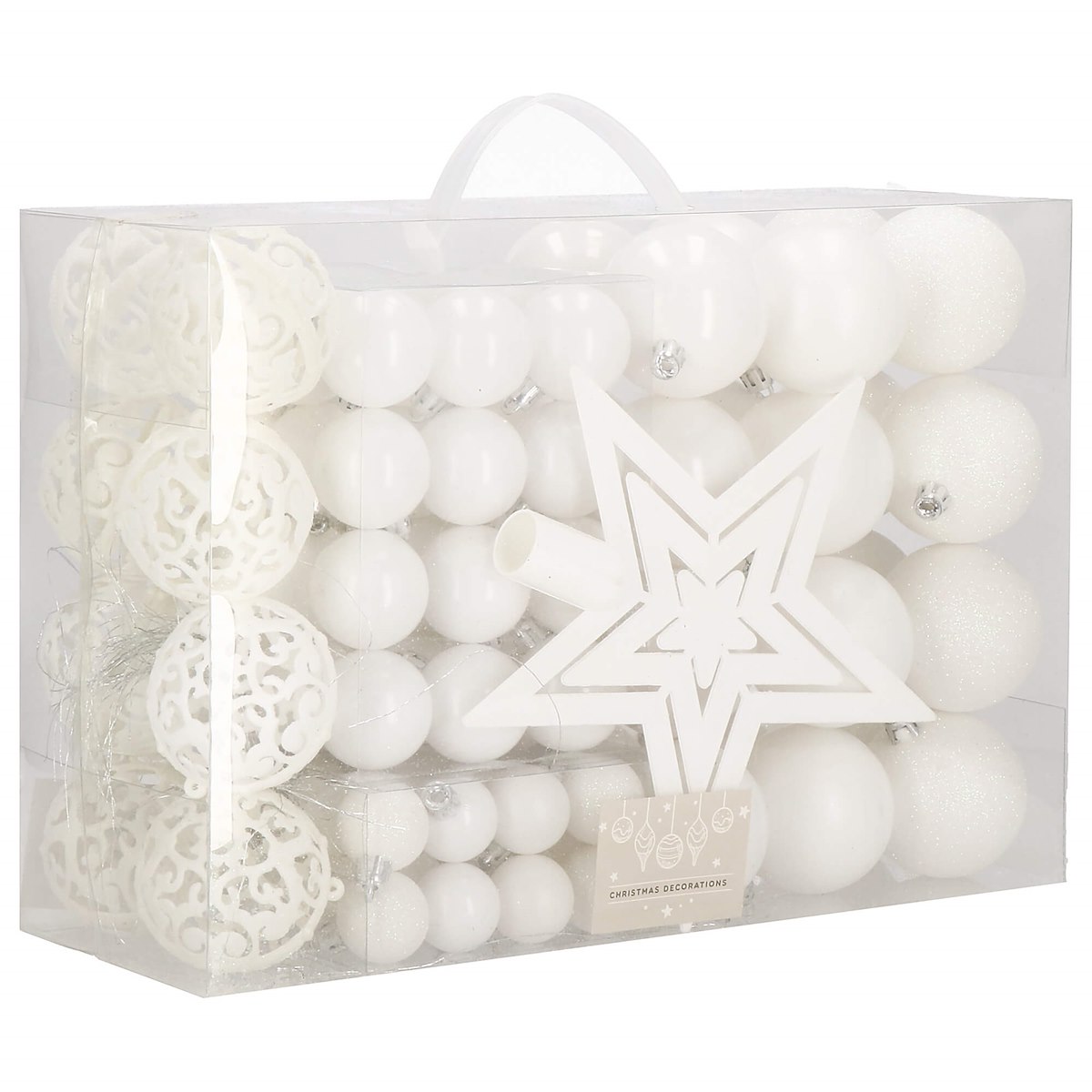 Set globuri si decoratiuni de Craciun, 100 piese, diverse dimensiuni cu stea, alb [1]