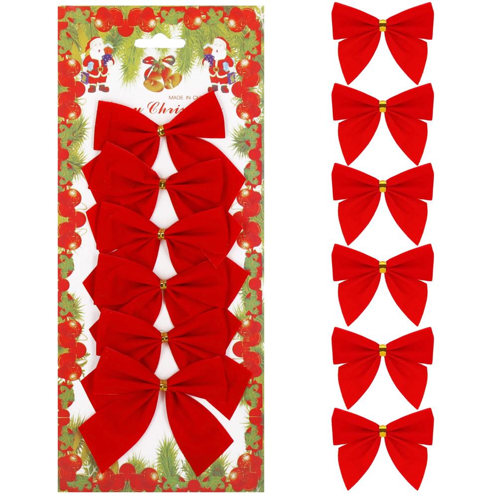 Set 6 ornamente pentru bradul de Craciun, fundita, 8cm, rosu [5]