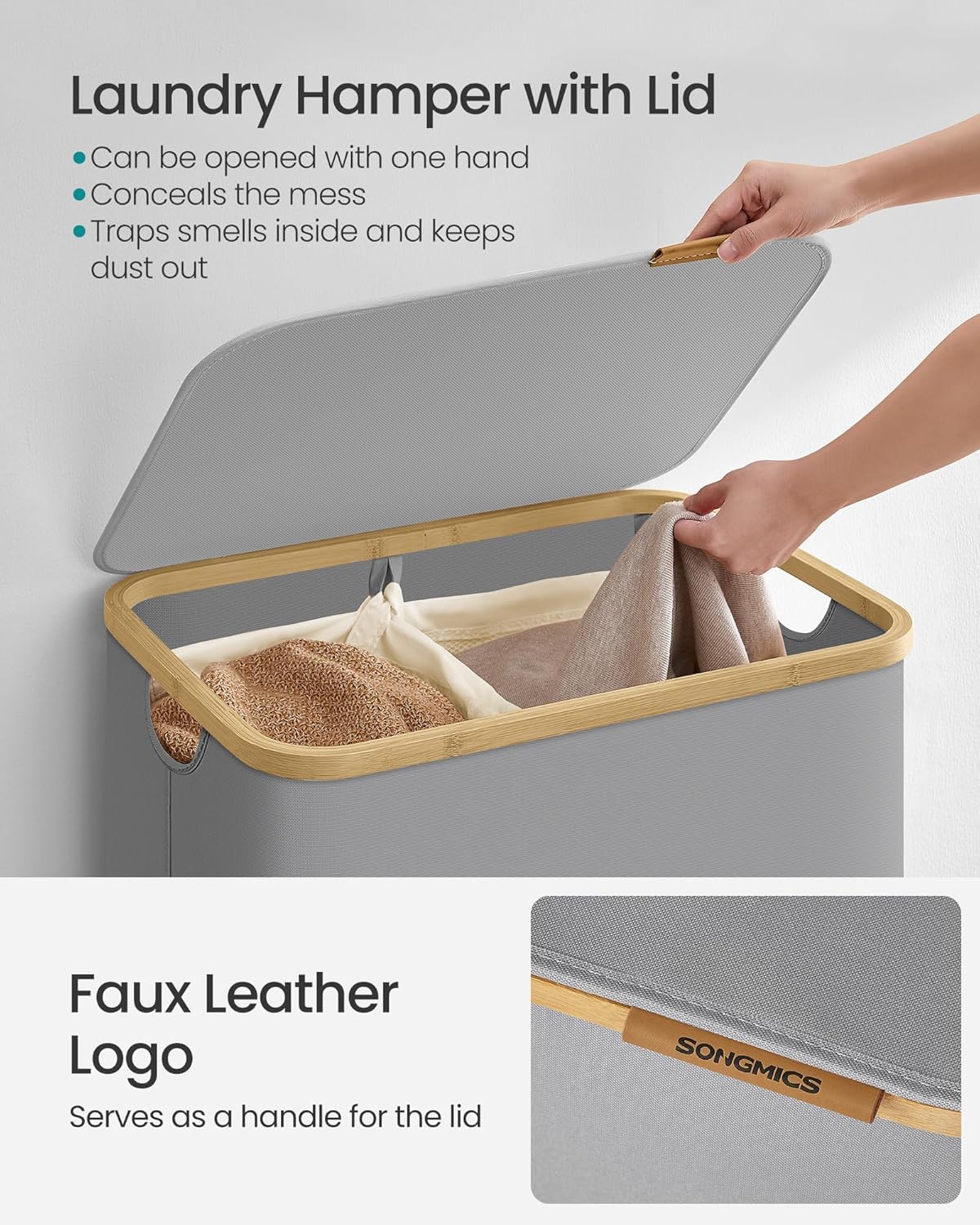 SONGMICS Cos de rufe textil, pliabil, cu 2 compartimente detasabile, 130L, 52x39x71 cm, gri [5]