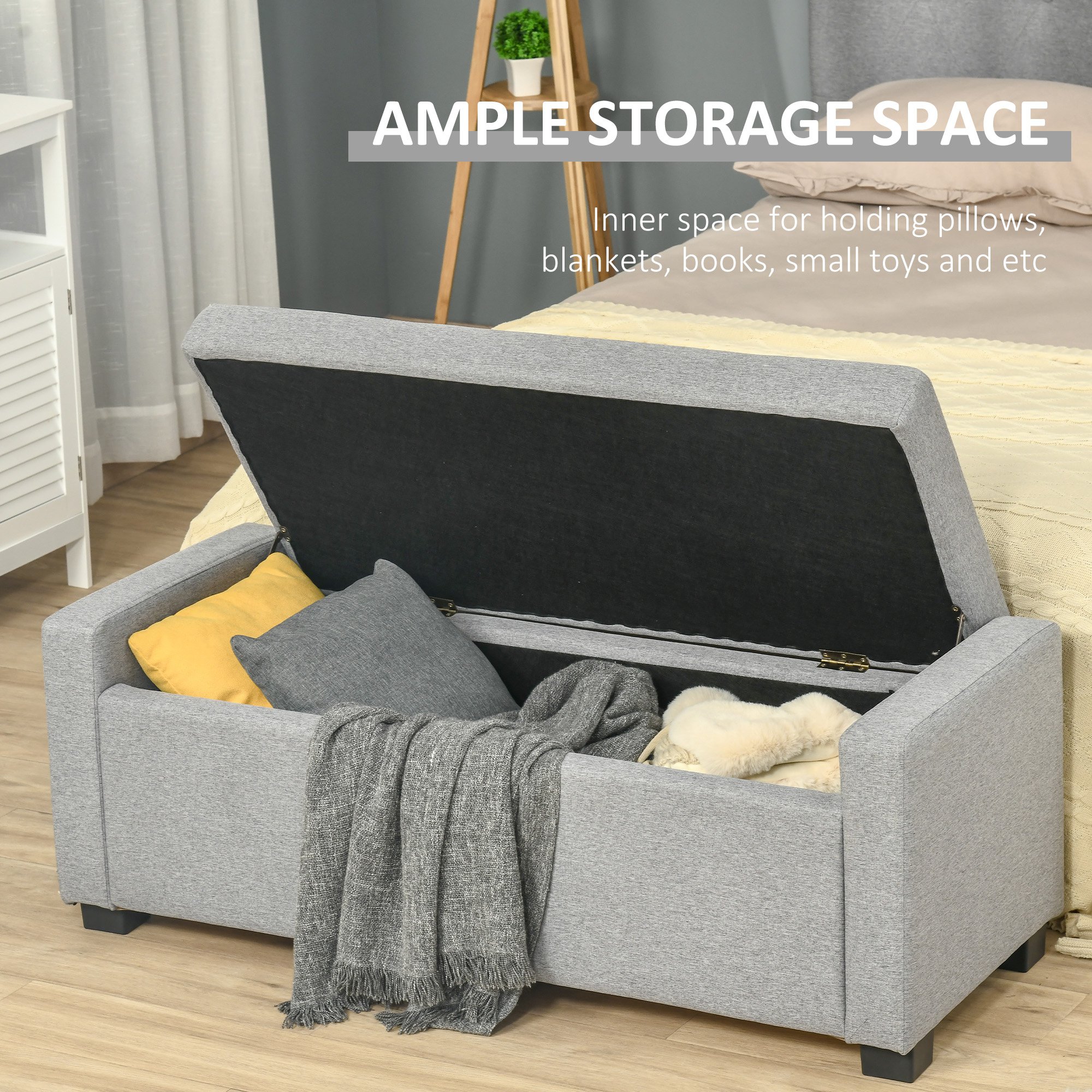 Banca dormitor  cu Compartiment de Depozitare din Tesatura, 120x50x44cm - Gri [3]